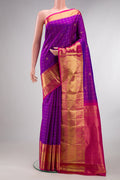 Pure Silk Purple Dual Tone Kanjivaram Saree with Checked design on the body and Zari Border.  displayed on a mannequin