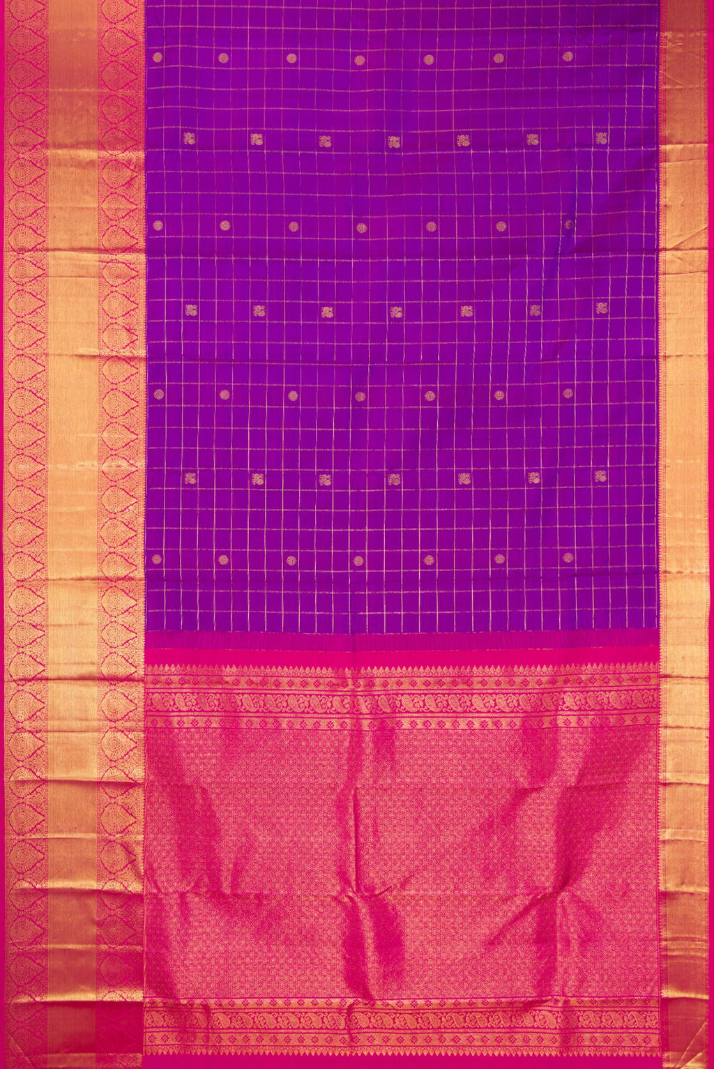 Flat view of Pure Silk Purple Dual Tone Kanjivaram Saree with Checked design on the body and Zari Border. 