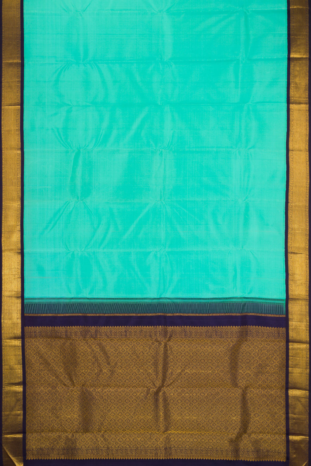 Flat view of Pure Silk Sea Green Kanjivaram Saree with Plain Body and Zari Border. 