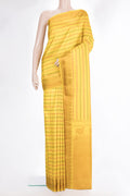 Pure Silk Yellow Kanchipuram Saree with Veldhari on the body and Thread Border.  displayed on a mannequin