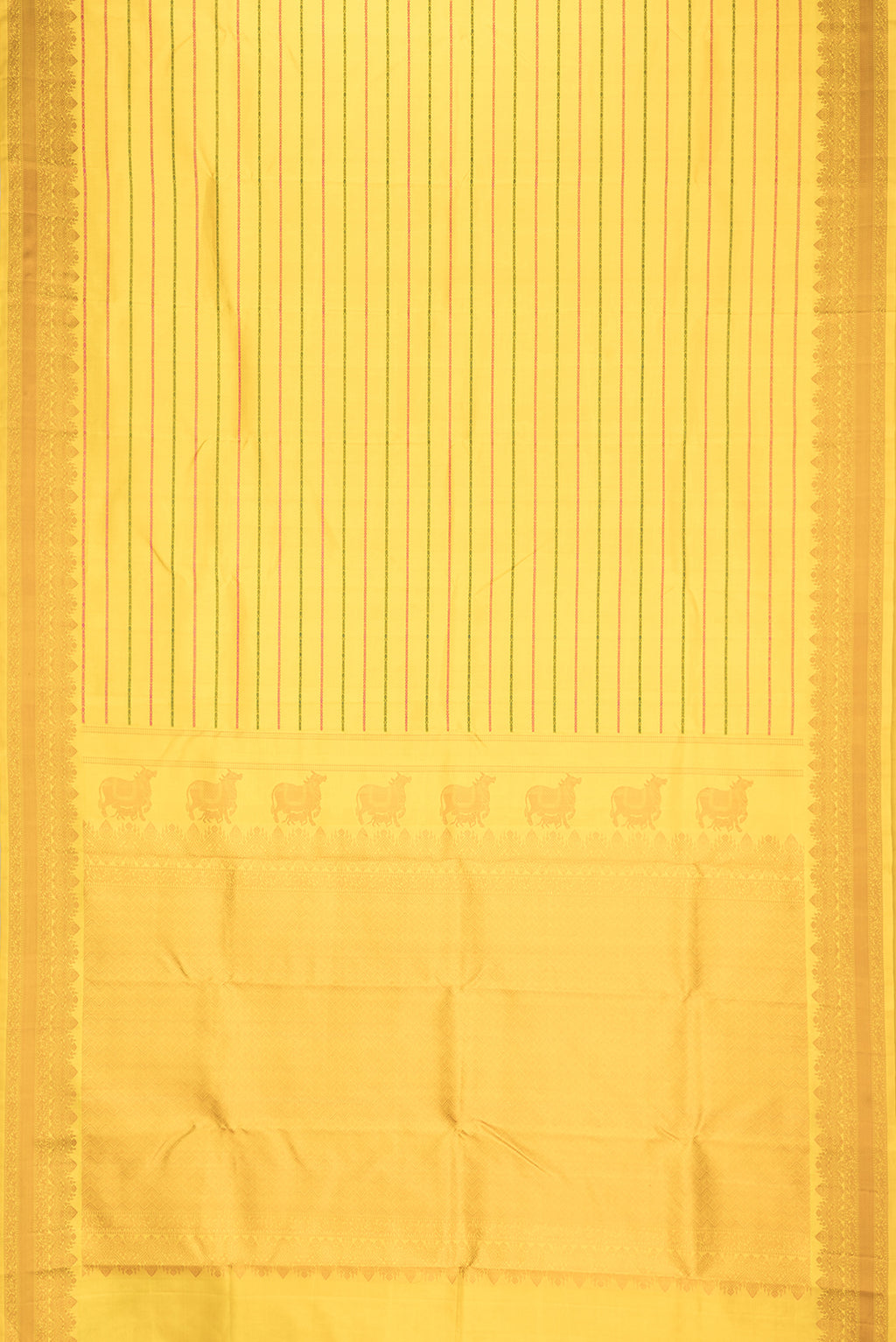 Flat view of Pure Silk Yellow Kanchipuram Saree with Veldhari on the body and Thread Border. 