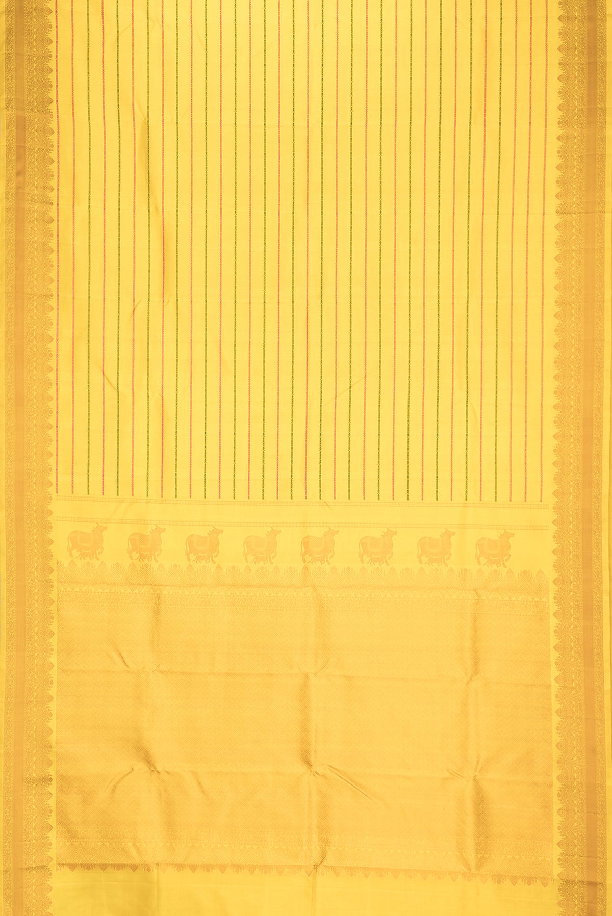 Flat view of Pure Silk Yellow Kanchipuram Saree with Veldhari on the body and Thread Border. 