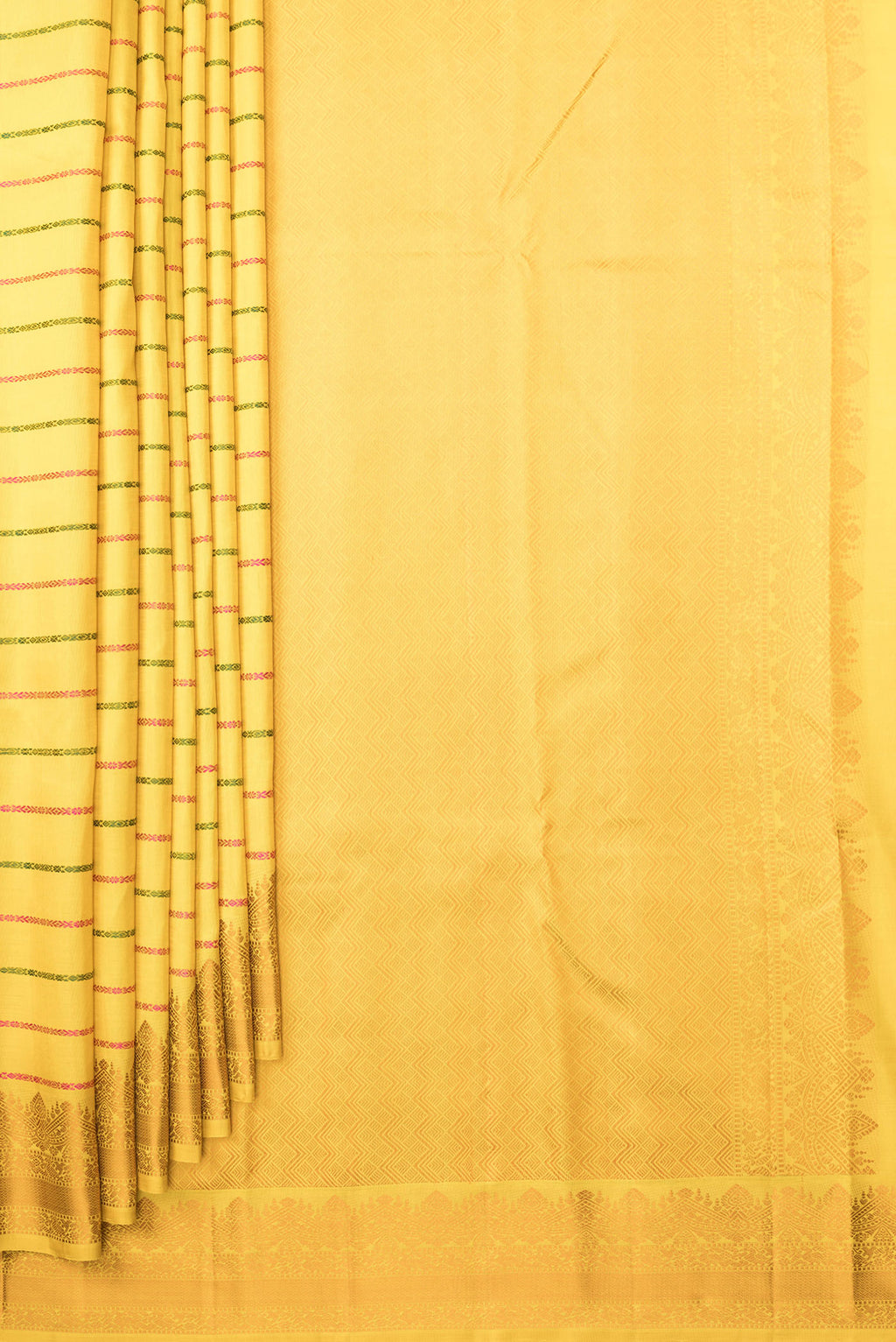 Pleats and pallu of Pure Silk Yellow Kanchipuram Saree with Veldhari on the body and Thread Border. 