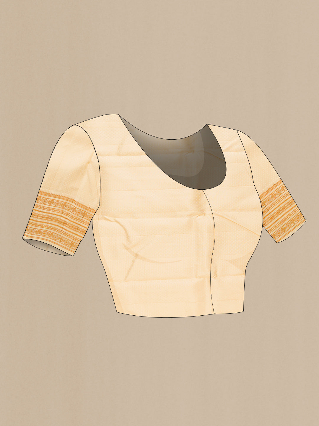 Close up image of the blouse of Sandal Kanjivaram Silk Saree with Jacquard design on the body and Thread Border. 