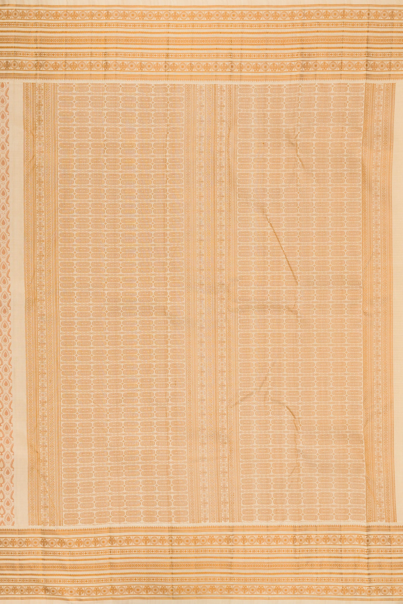 Close up image of the pallu of Sandal Kanjivaram Silk Saree with Jacquard design on the body and Thread Border. 