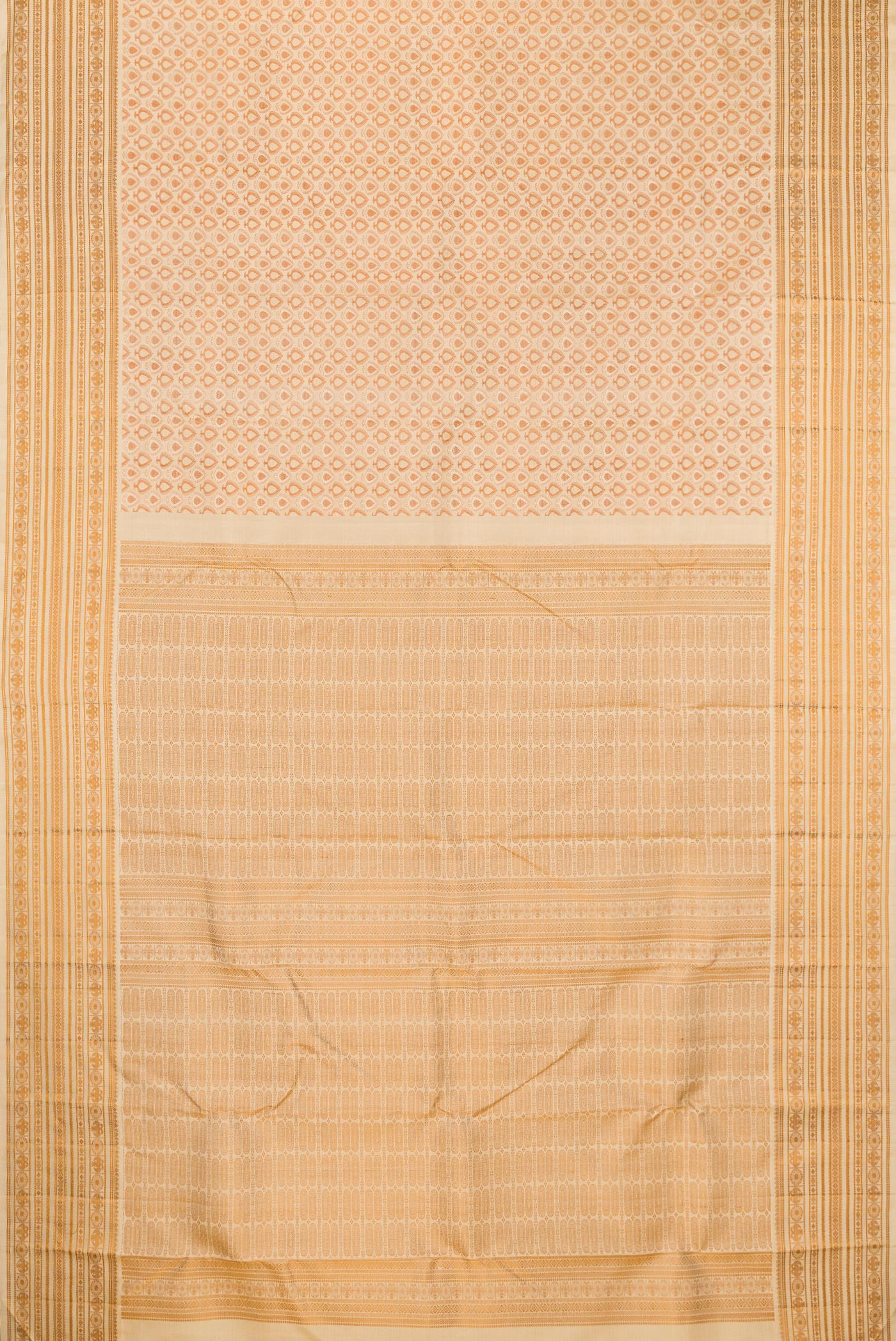 Flat view of Sandal Kanjivaram Silk Saree with Jacquard design on the body and Thread Border. 