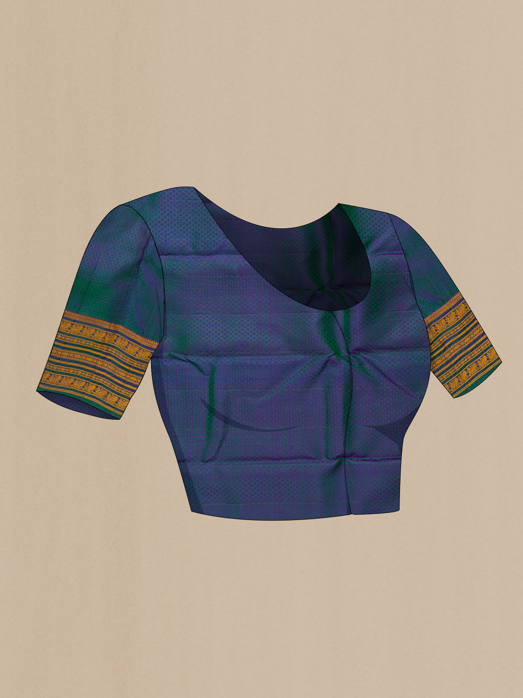Close up image of the blouse of Peacock Blue Dual Tone Kanjivaram Silk Saree with Jacquard design on the body and Thread Border. 