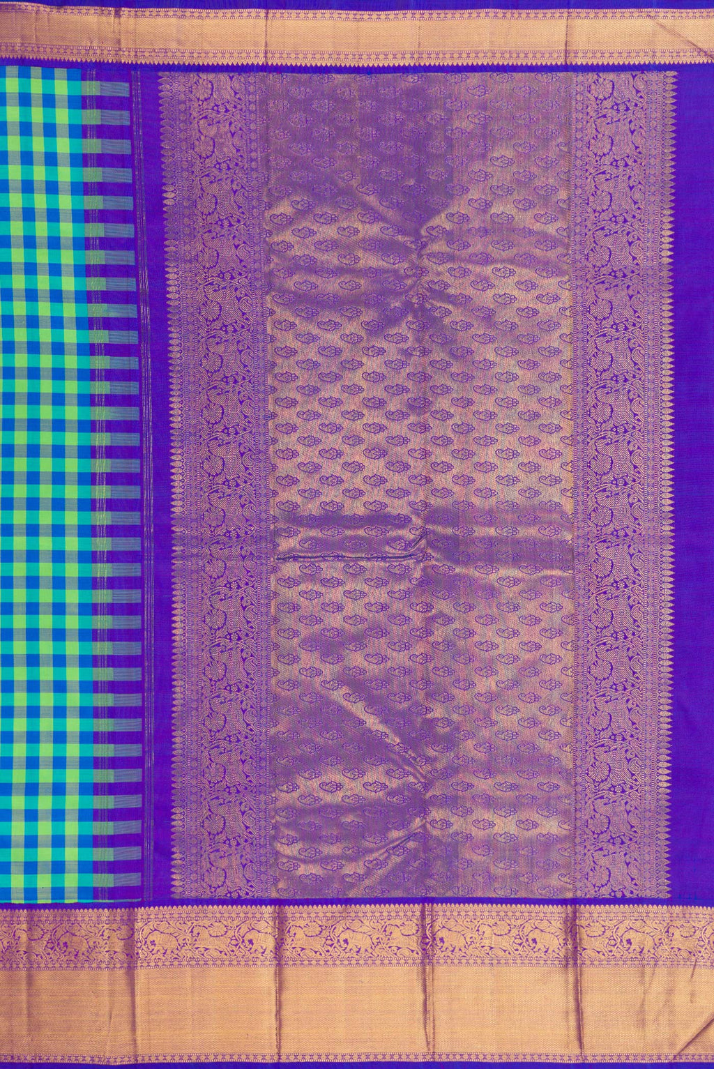 Close up image of the pallu of Multi Color Kanjivaram Silk Saree with Checked design on the body and Zari Border. 
