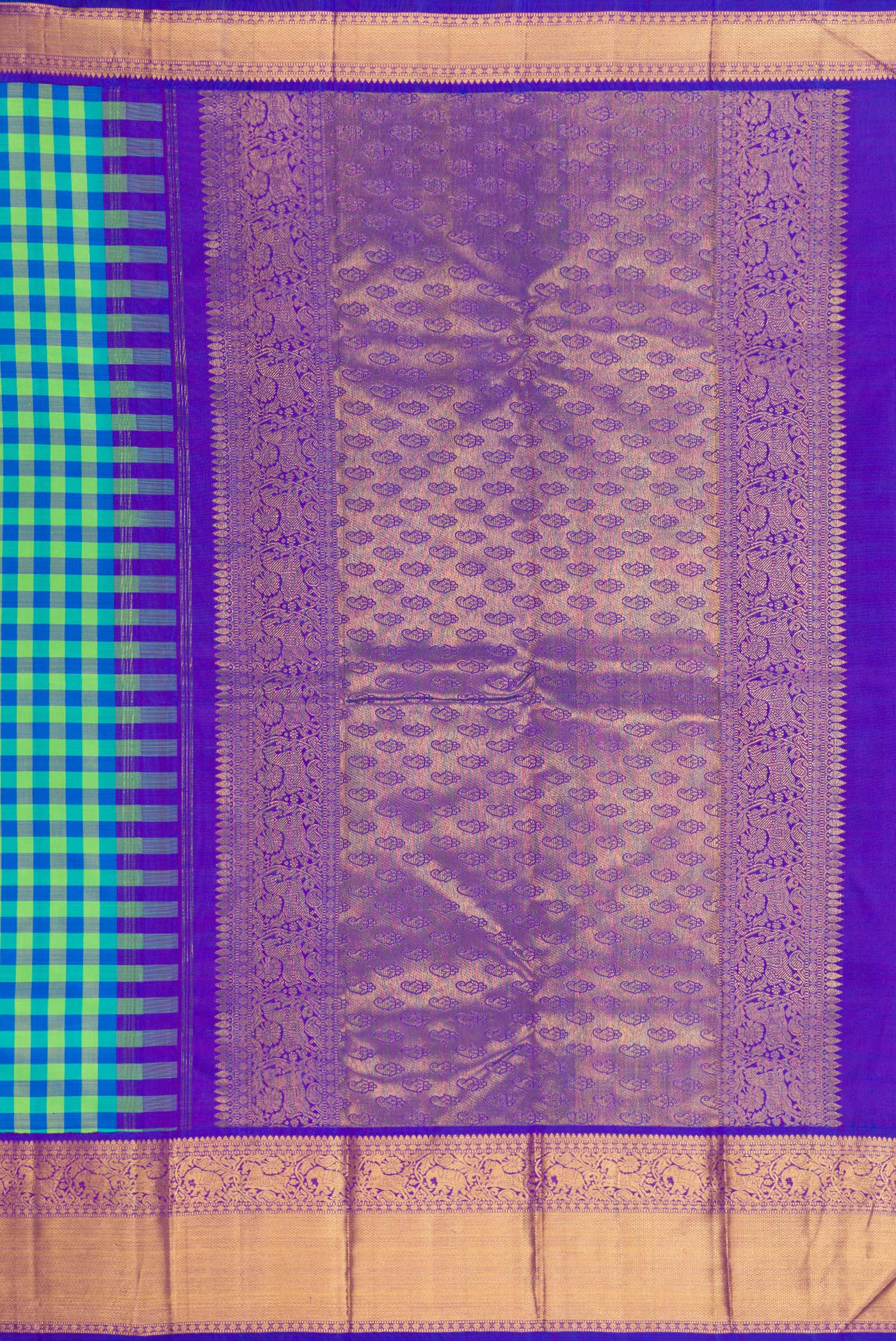 Close up image of the pallu of Multi Color Kanjivaram Silk Saree with Checked design on the body and Zari Border. 