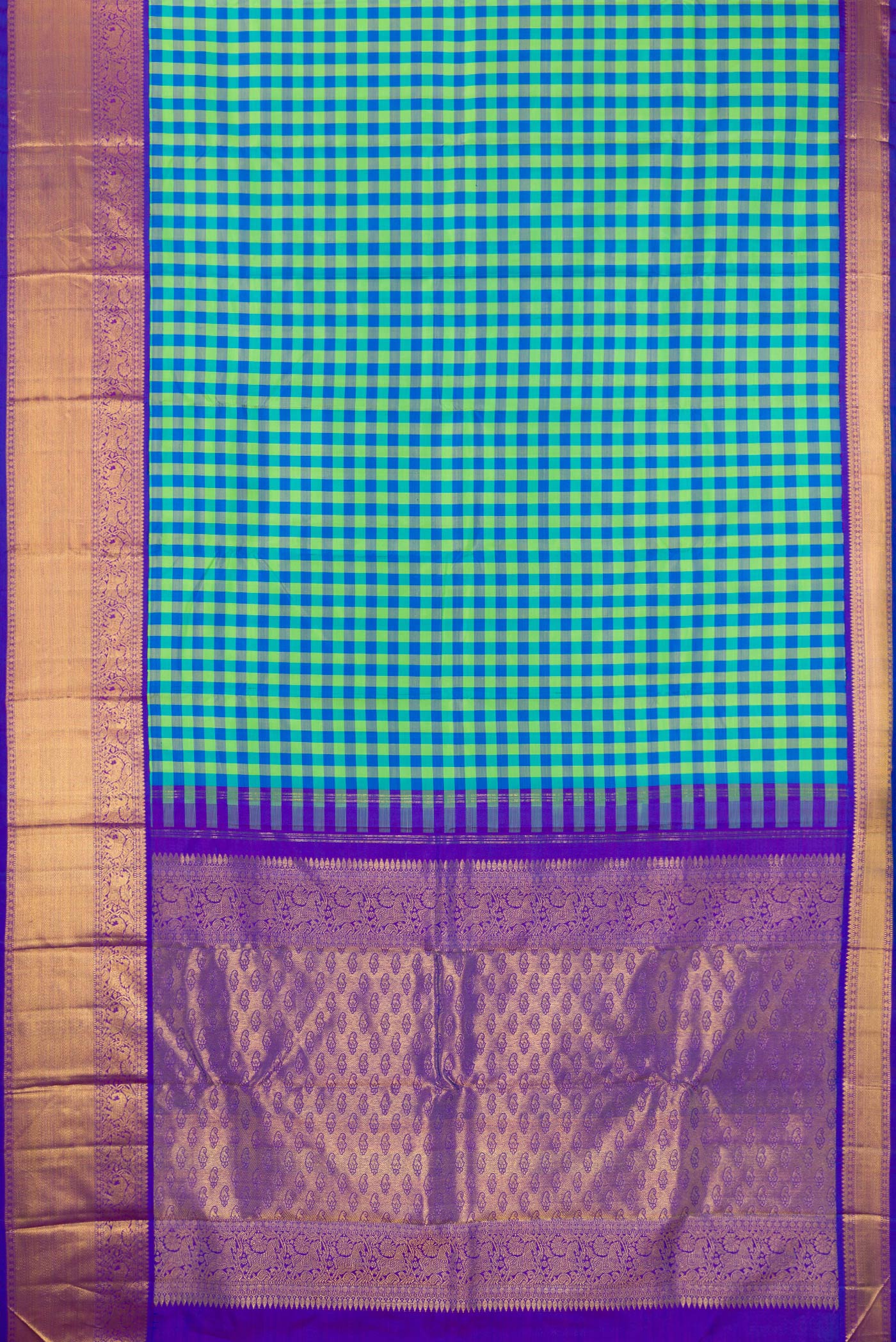 Flat view of Multi Color Kanjivaram Silk Saree with Checked design on the body and Zari Border. 