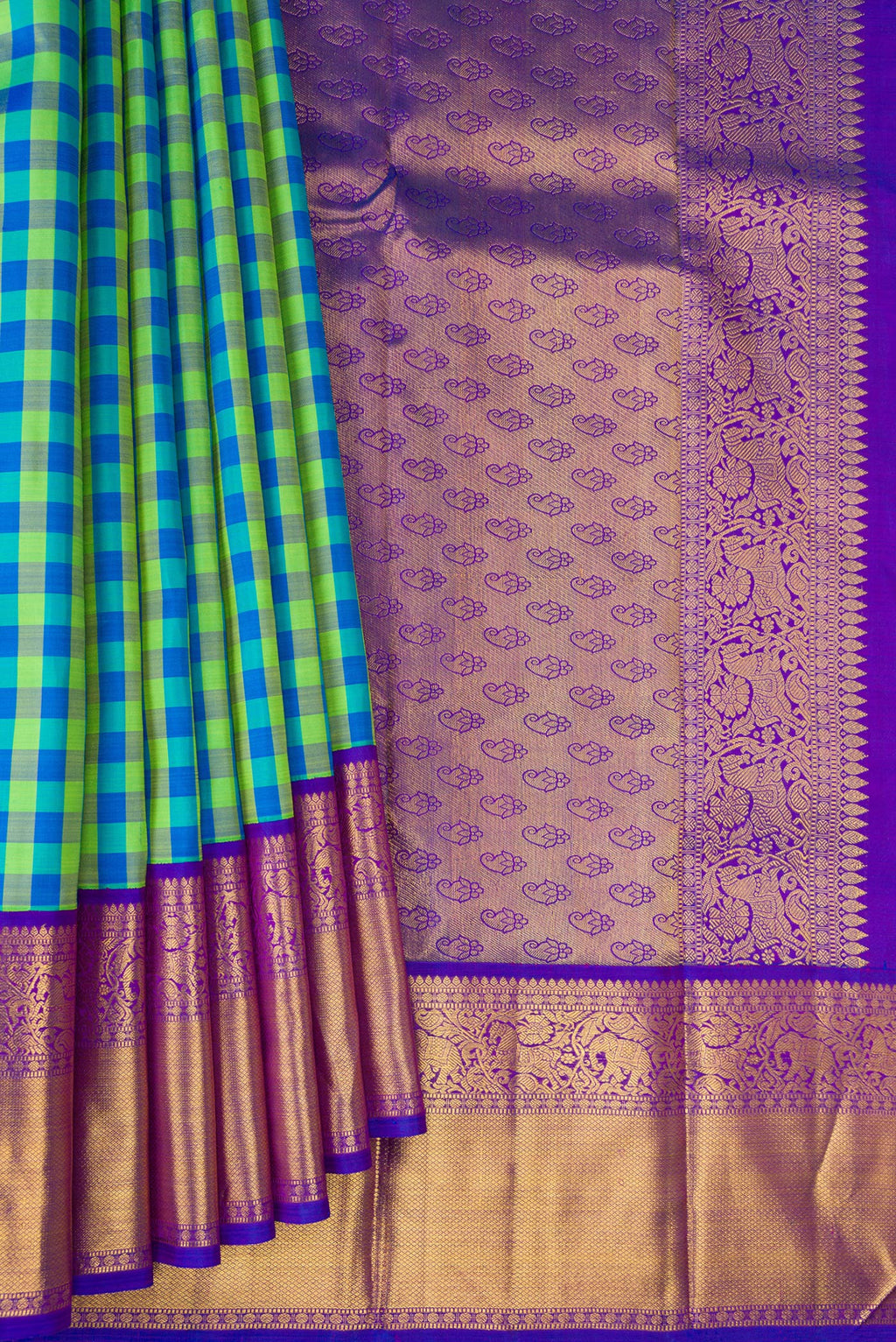 Pleats and pallu of Multi Color Kanjivaram Silk Saree with Checked design on the body and Zari Border. 