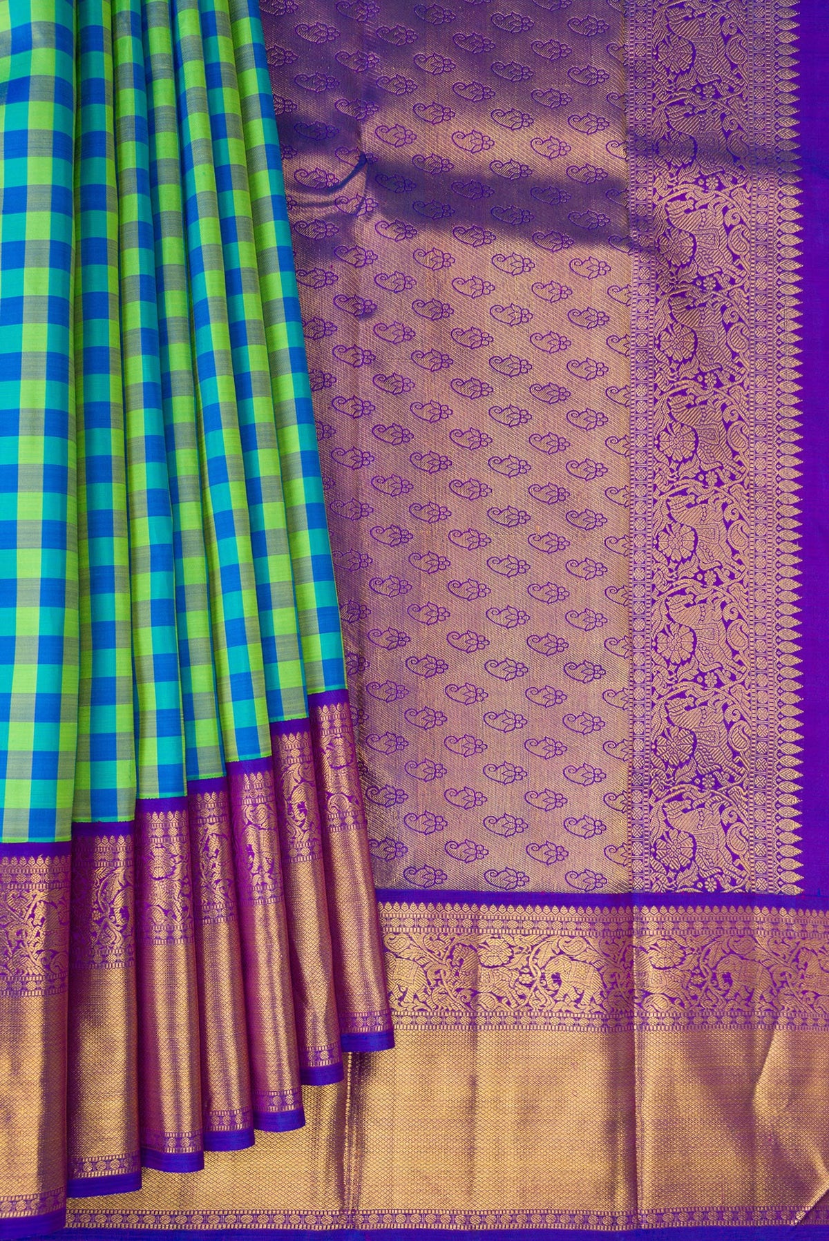 Pleats and pallu of Multi Color Kanjivaram Silk Saree with Checked design on the body and Zari Border. 