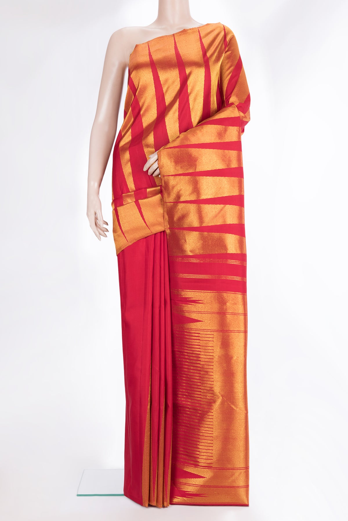 Pure Silk Red Dual Tone Kanjivaram Saree with Stripes on the body and Fancy Border.  displayed on a mannequin