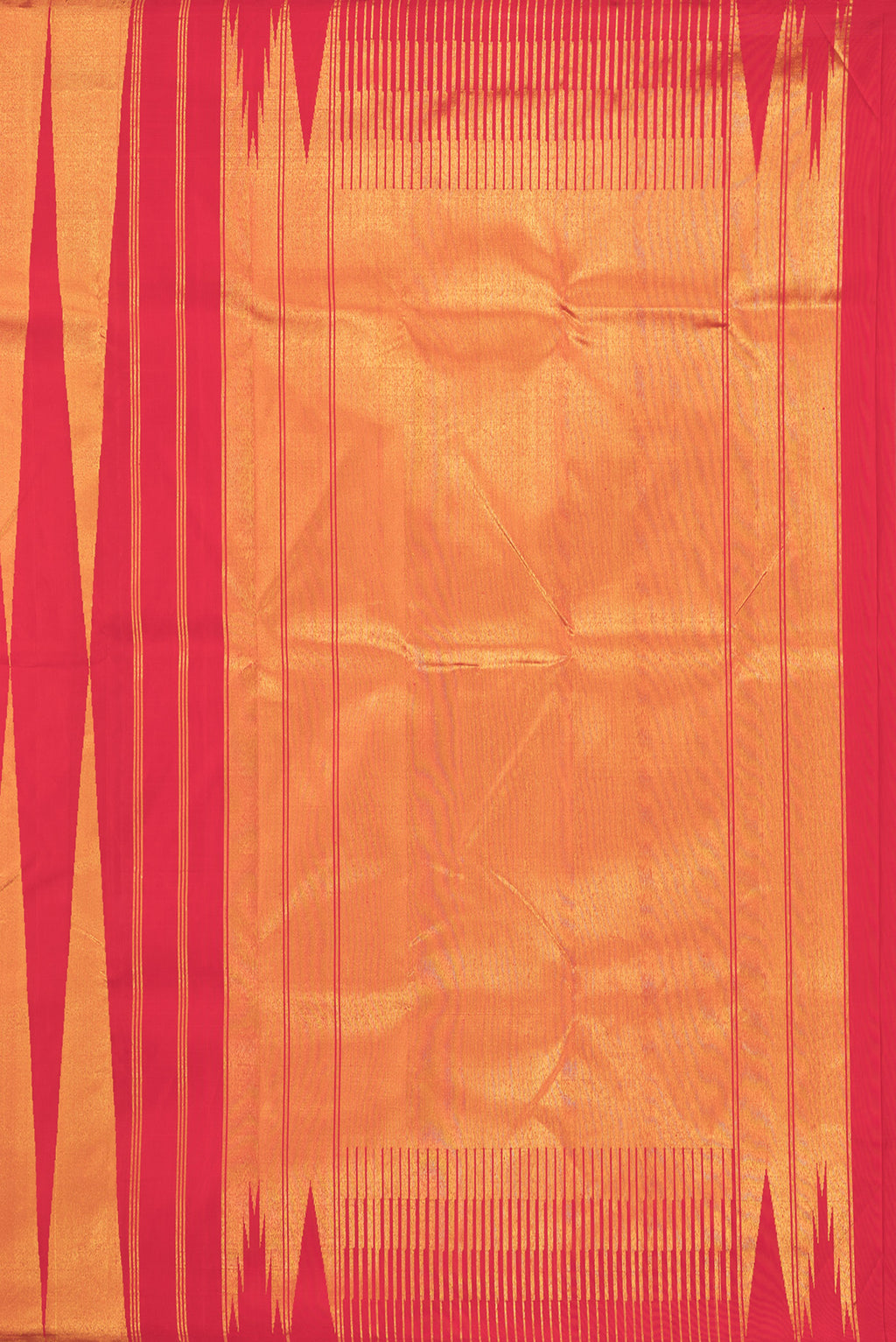 Close up image of the pallu of Pure Silk Red Dual Tone Kanjivaram Saree with Stripes on the body and Fancy Border. 
