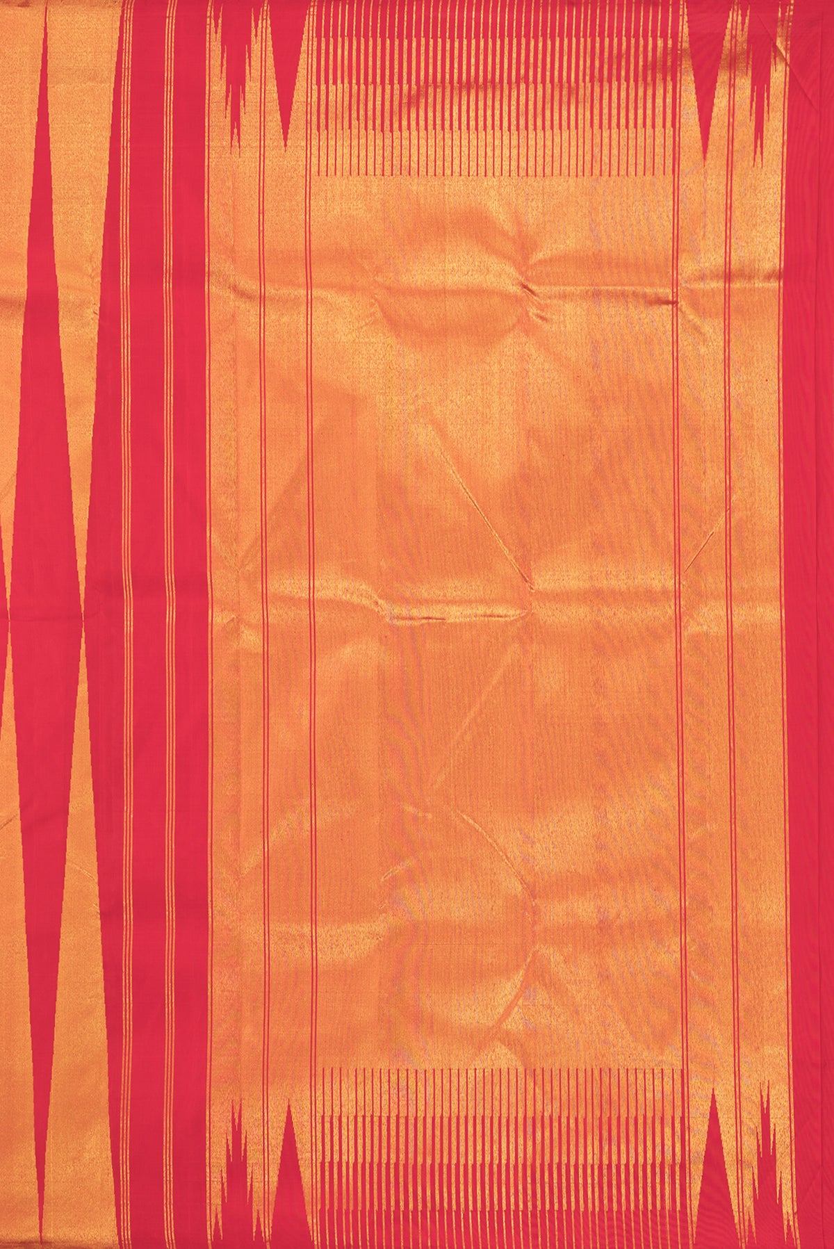 Close up image of the pallu of Pure Silk Red Dual Tone Kanjivaram Saree with Stripes on the body and Fancy Border. 