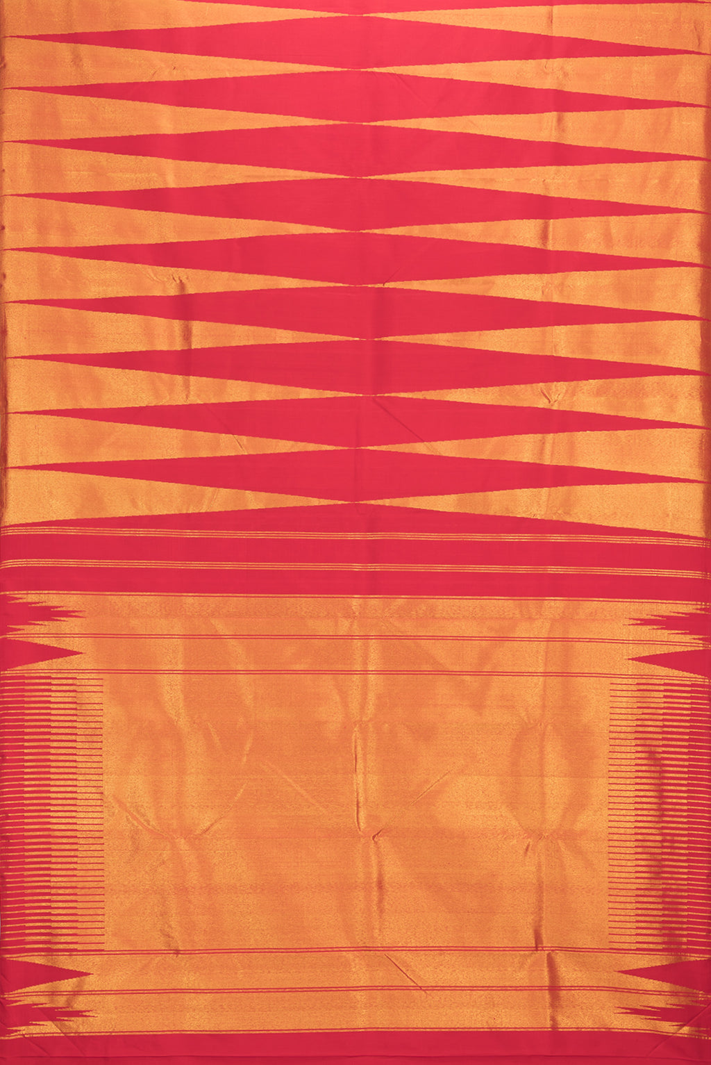 Flat view of Pure Silk Red Dual Tone Kanjivaram Saree with Stripes on the body and Fancy Border. 