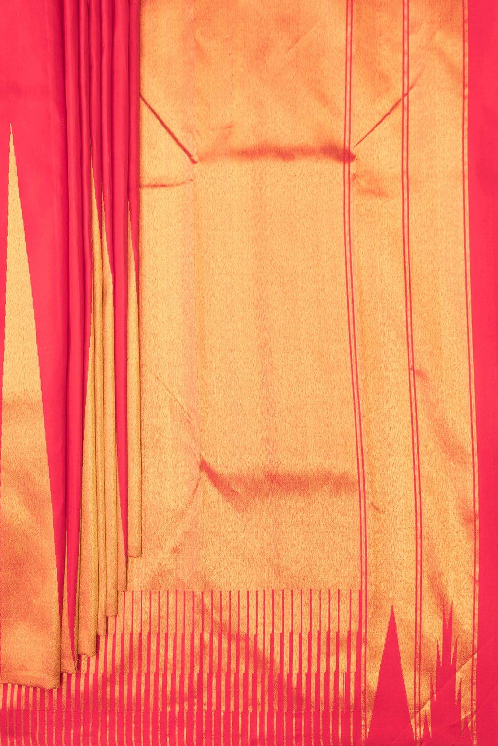 Pleats and pallu of Pure Silk Red Dual Tone Kanjivaram Saree with Stripes on the body and Fancy Border. 