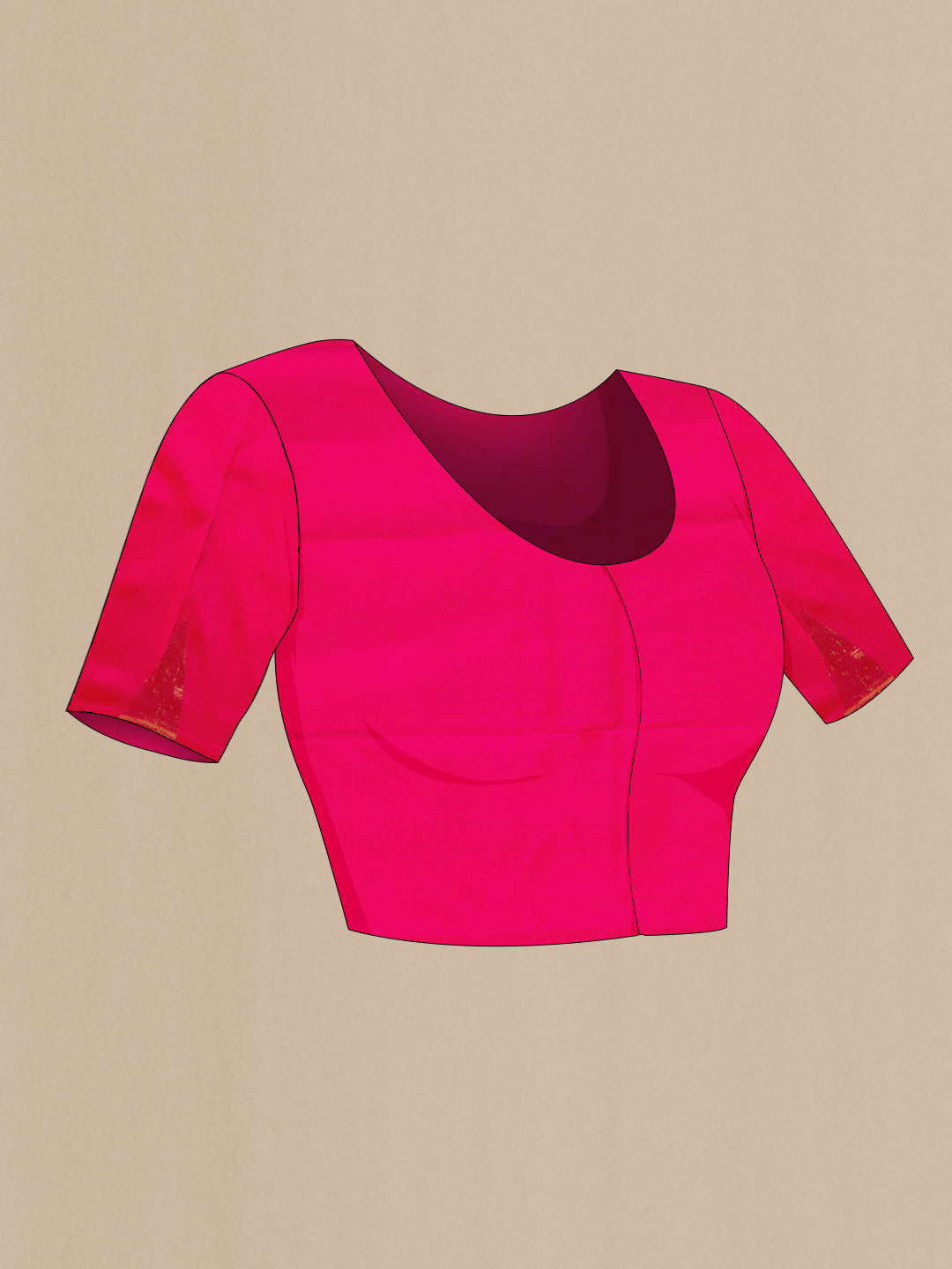 Close up image of the blouse of Pure Silk Pure Zari Pink Kanchipuram Saree with Plain Body and Temple Border. 