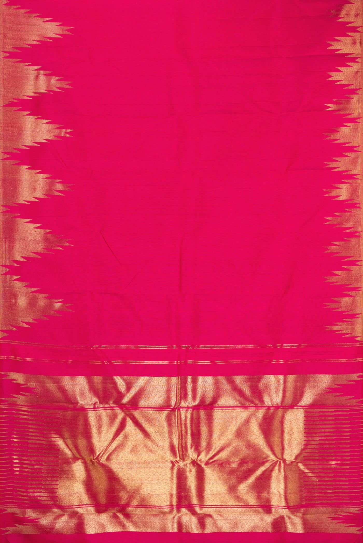 Flat view of Pure Silk Pure Zari Pink Kanchipuram Saree with Plain Body and Temple Border. 