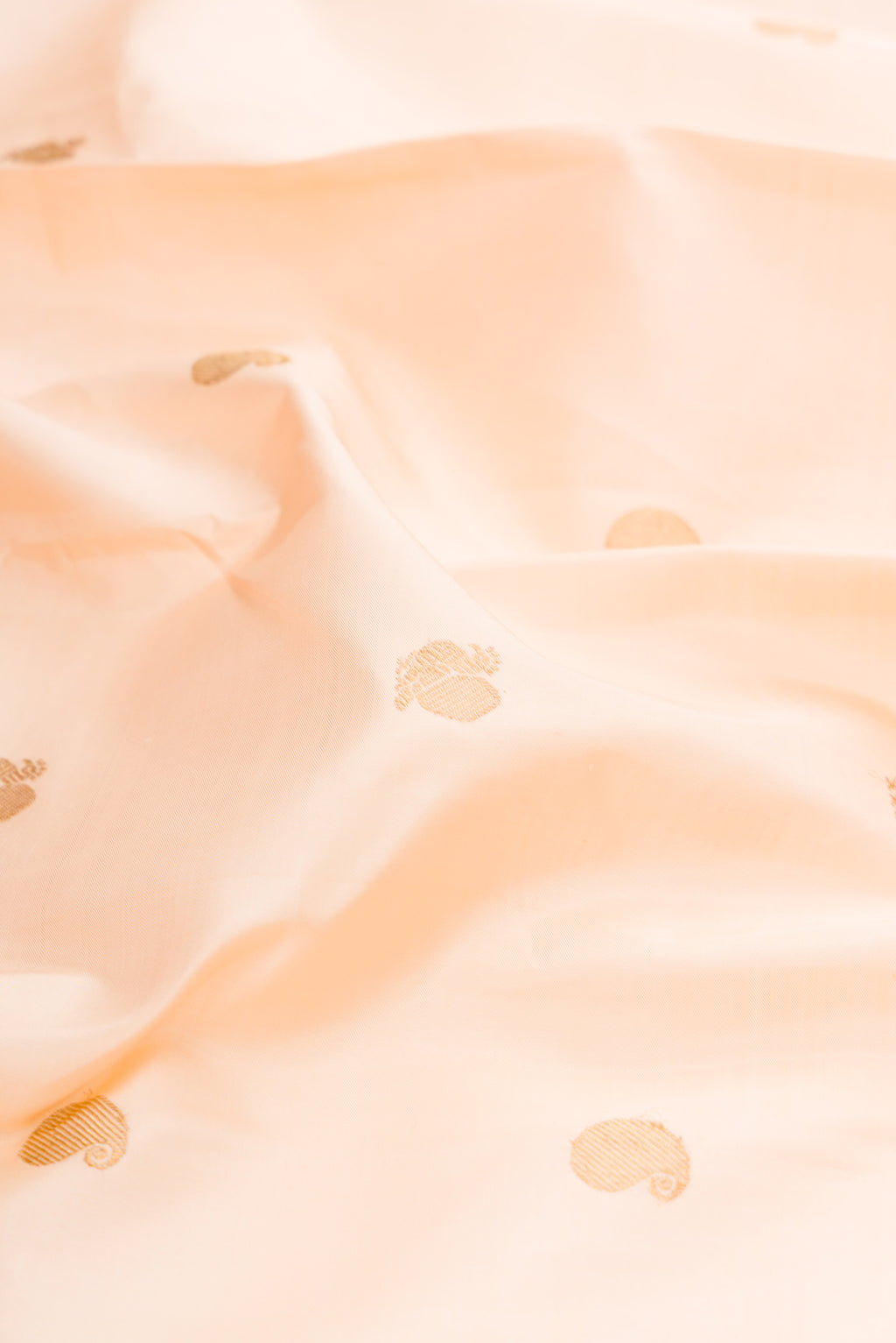 Close up of Pure Silk Pure Zari Cream Dual Tone Kanjivaram Saree with Zari Butta on the body and Zari Border.  displaying folds