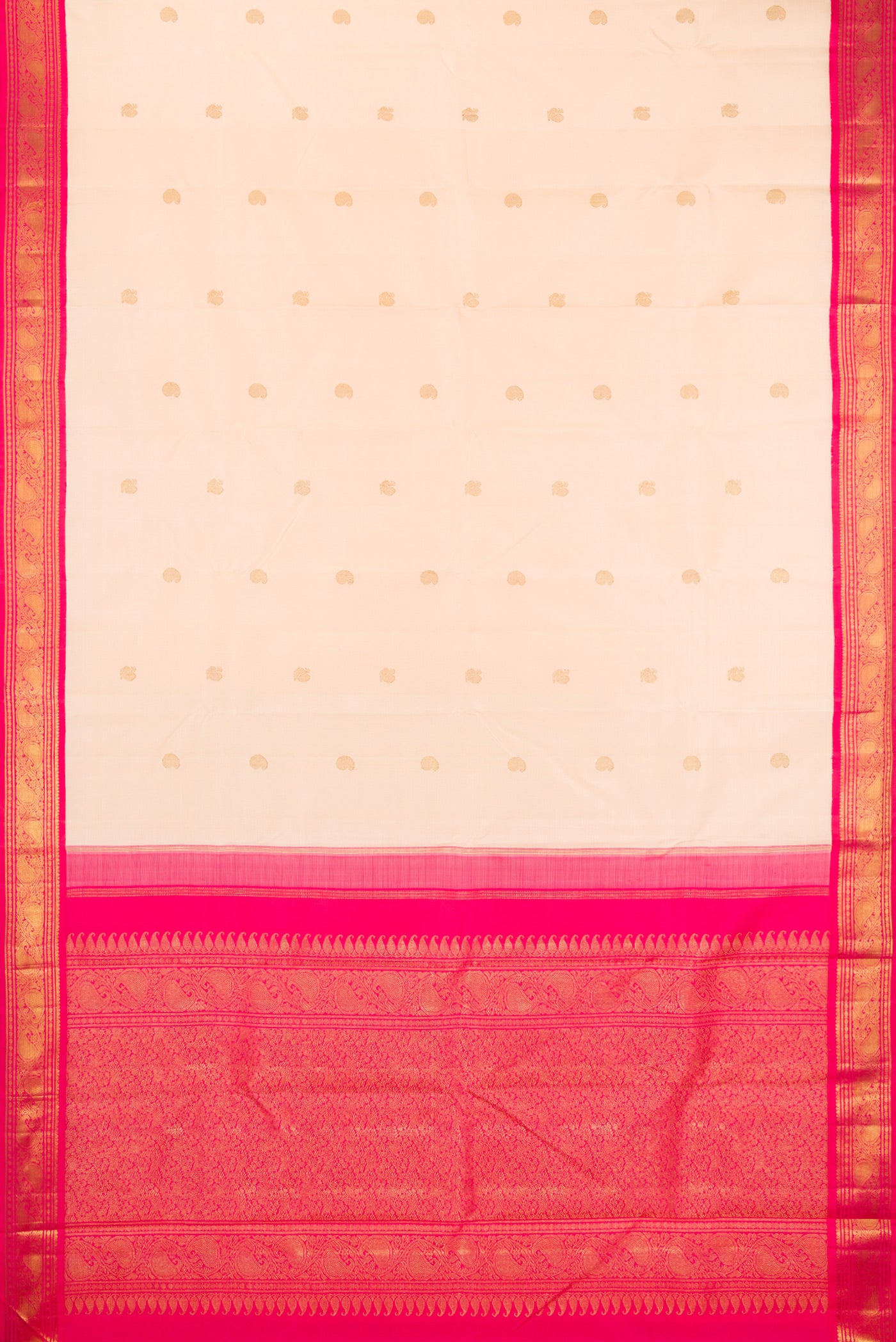 Flat view of Pure Silk Pure Zari Cream Dual Tone Kanjivaram Saree with Zari Butta on the body and Zari Border. 