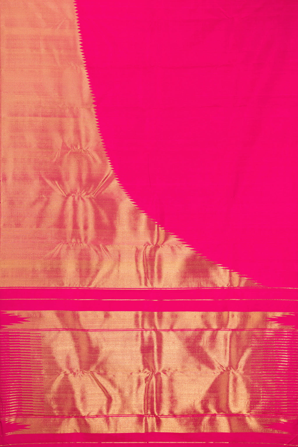 Flat view of Pure Silk Pure Zari Pink Kanjivaram Saree with Plain Body and Rising Temple Border. 