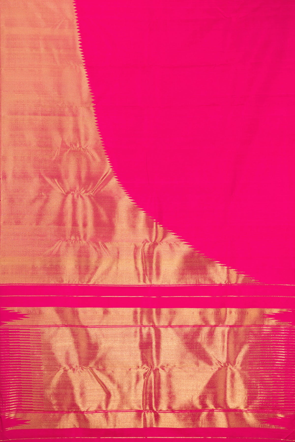 Flat view of Pure Silk Pure Zari Pink Kanjivaram Saree with Plain Body and Rising Temple Border. 