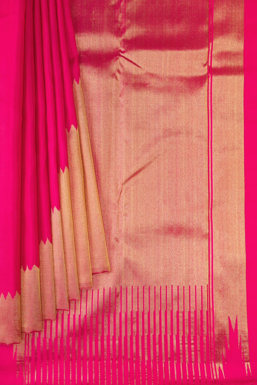 Pleats and pallu of Pure Silk Pure Zari Pink Kanjivaram Saree with Plain Body and Rising Temple Border. 