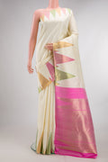 Pure Silk Pure Zari Off White Kanjivaram Saree with Plain Body and Temple Border.  displayed on a mannequin