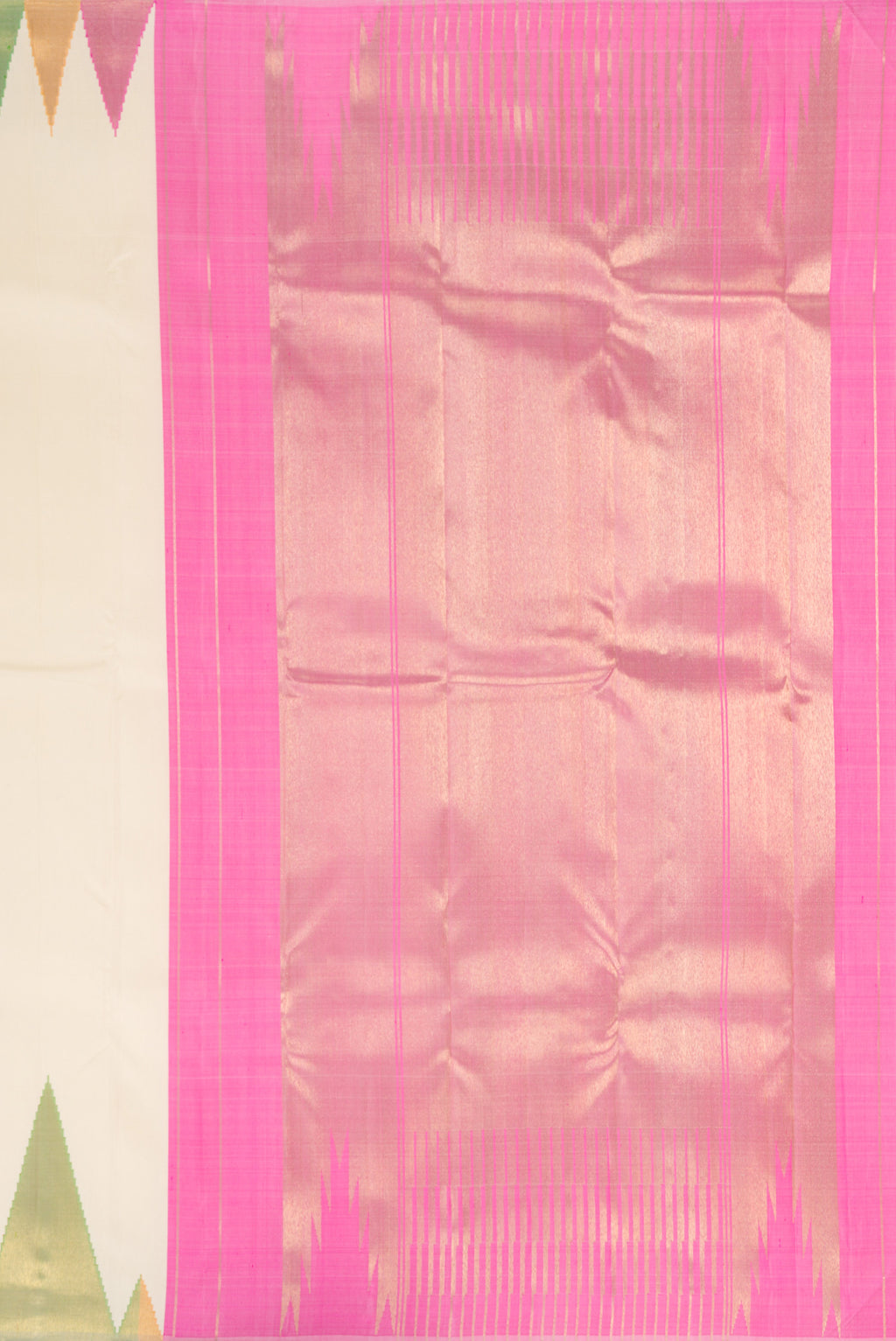 Close up image of the pallu of Pure Silk Pure Zari Off White Kanjivaram Saree with Plain Body and Temple Border. 