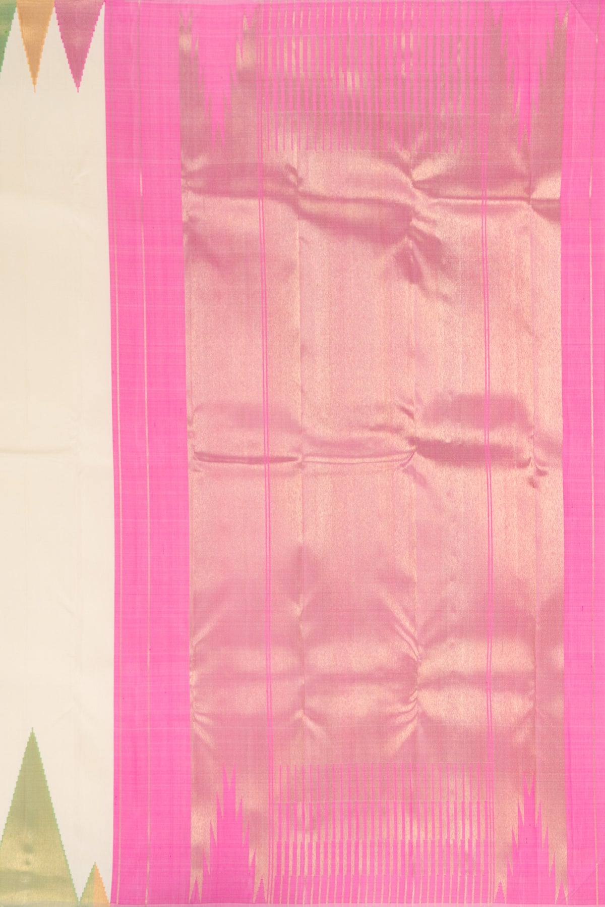 Close up image of the pallu of Pure Silk Pure Zari Off White Kanjivaram Saree with Plain Body and Temple Border. 