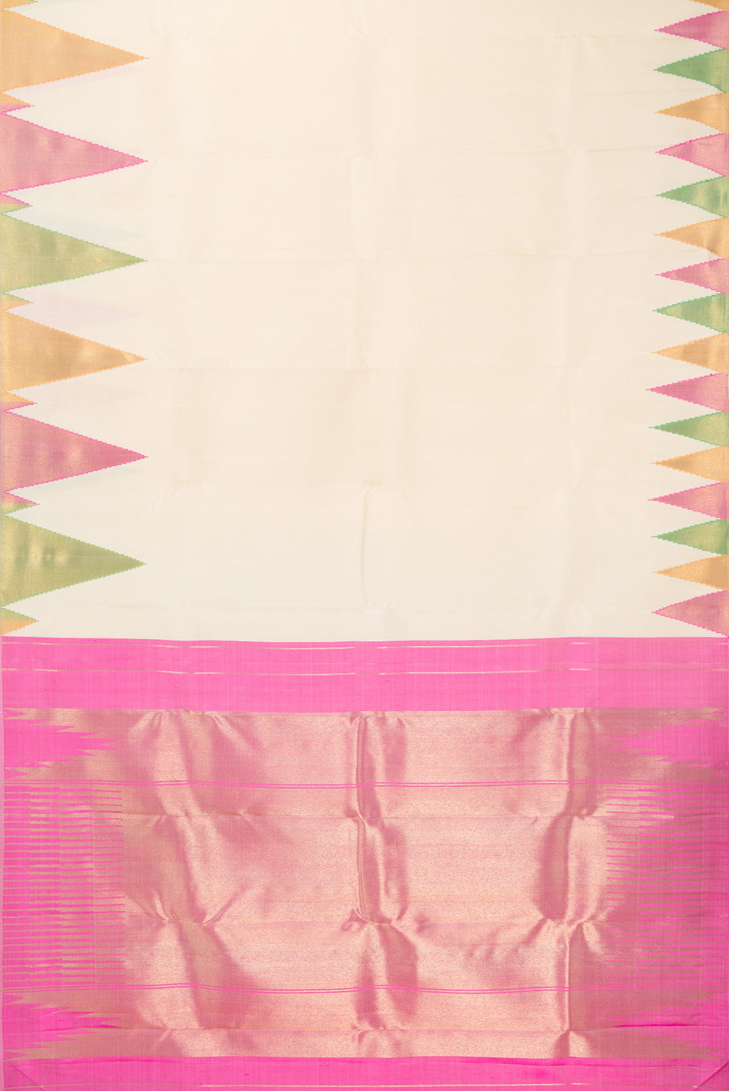 Flat view of Pure Silk Pure Zari Off White Kanjivaram Saree with Plain Body and Temple Border. 