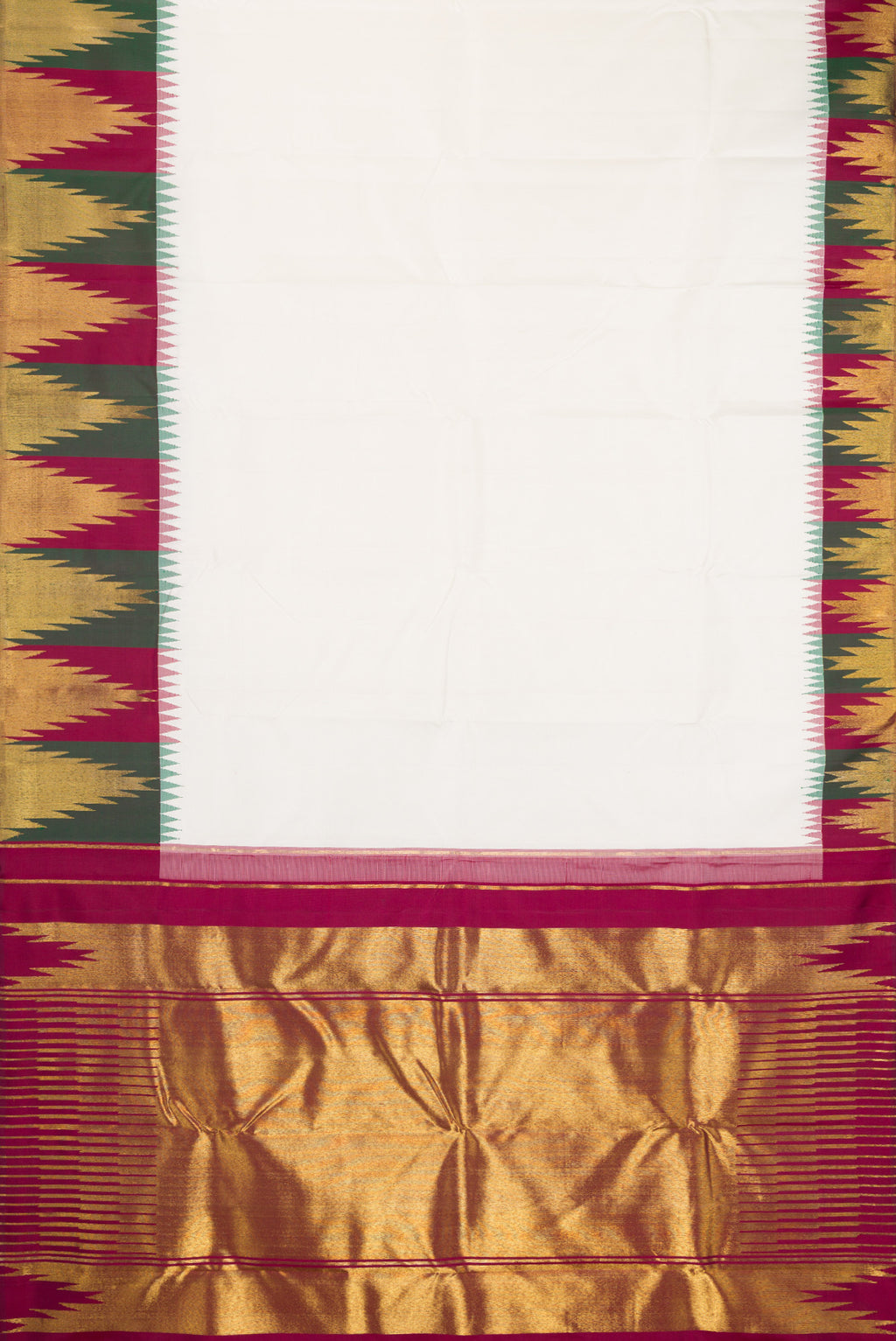 Flat view of Pure Silk Pure Zari White Kanjivaram Saree with Plain Body and Temple Border. 