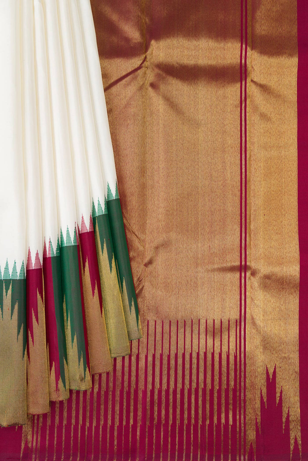 Pleats and pallu of Pure Silk Pure Zari White Kanjivaram Saree with Plain Body and Temple Border. 