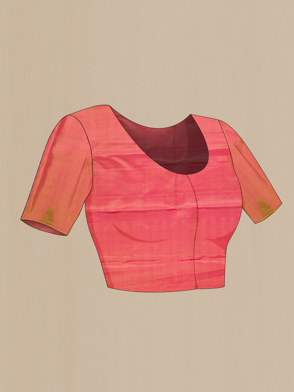 Close up image of the blouse of Pure Silk Pure Zari Sandal Dual Tone Kanjivaram Saree with Plain Body and Temple Border. 