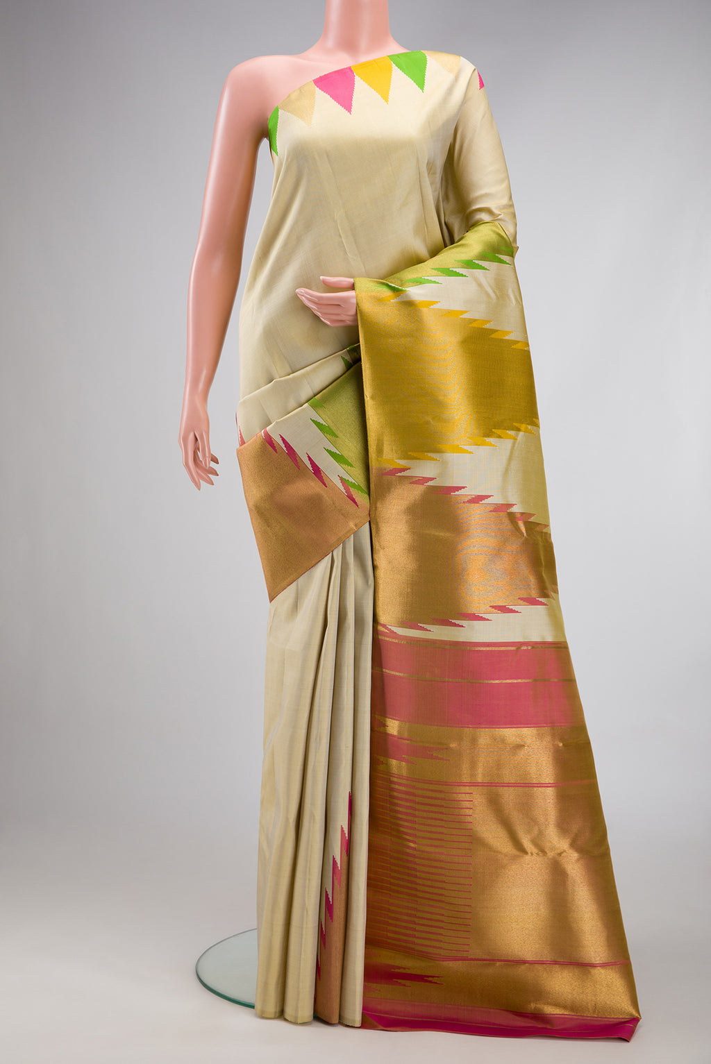 Pure Silk Pure Zari Sandal Dual Tone Kanjivaram Saree with Plain Body and Temple Border.  displayed on a mannequin