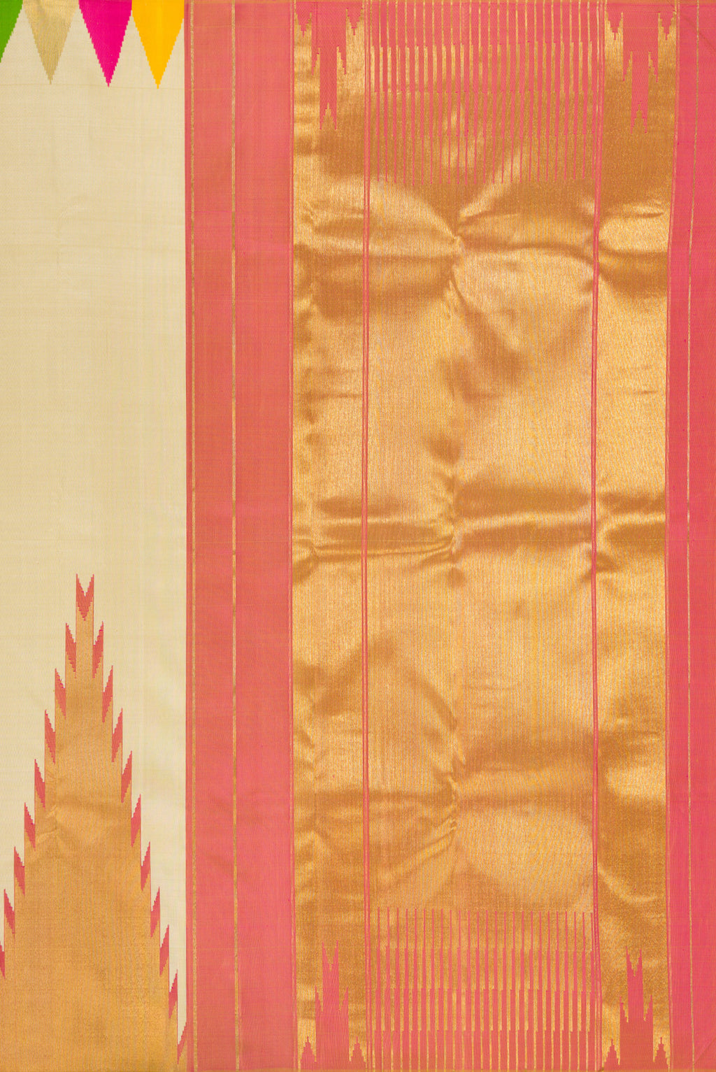 Close up image of the pallu of Pure Silk Pure Zari Sandal Dual Tone Kanjivaram Saree with Plain Body and Temple Border. 