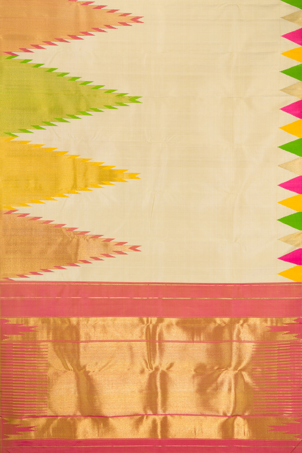 Flat view of Pure Silk Pure Zari Sandal Dual Tone Kanjivaram Saree with Plain Body and Temple Border. 
