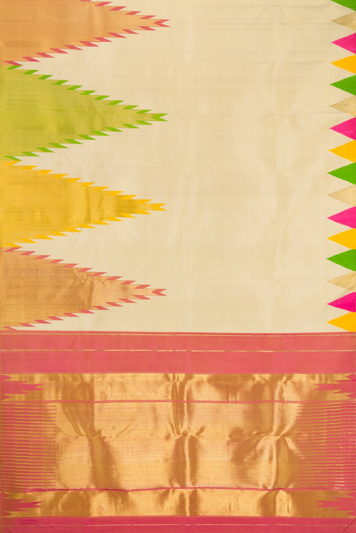 Flat view of Pure Silk Pure Zari Sandal Dual Tone Kanjivaram Saree with Plain Body and Temple Border. 