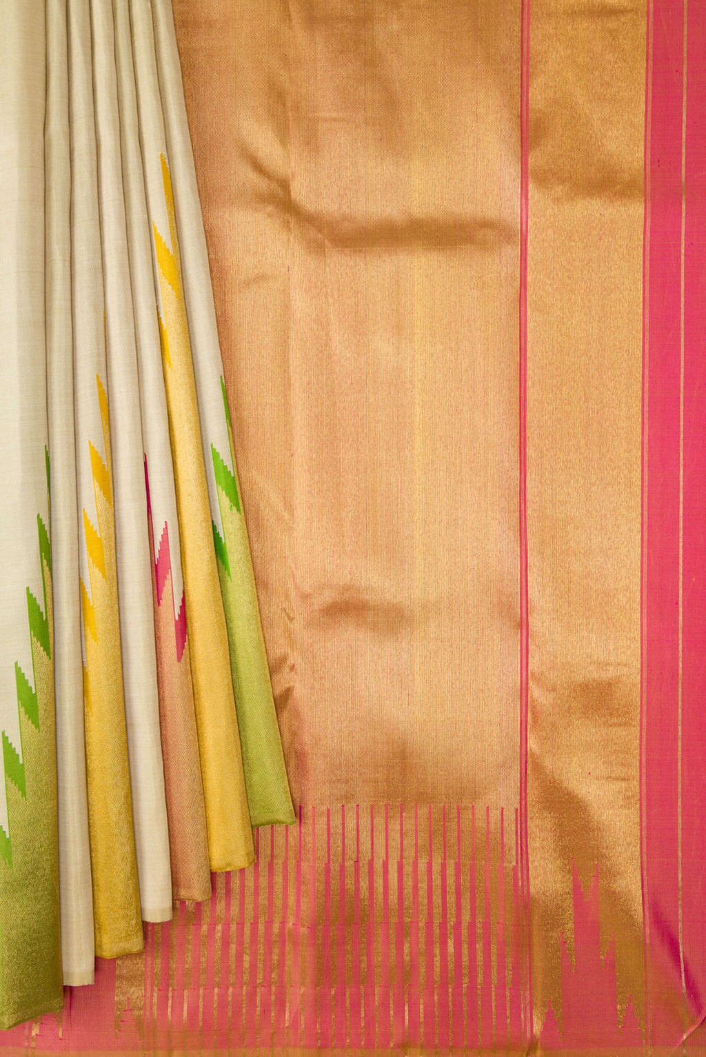 Pleats and pallu of Pure Silk Pure Zari Sandal Dual Tone Kanjivaram Saree with Plain Body and Temple Border. 
