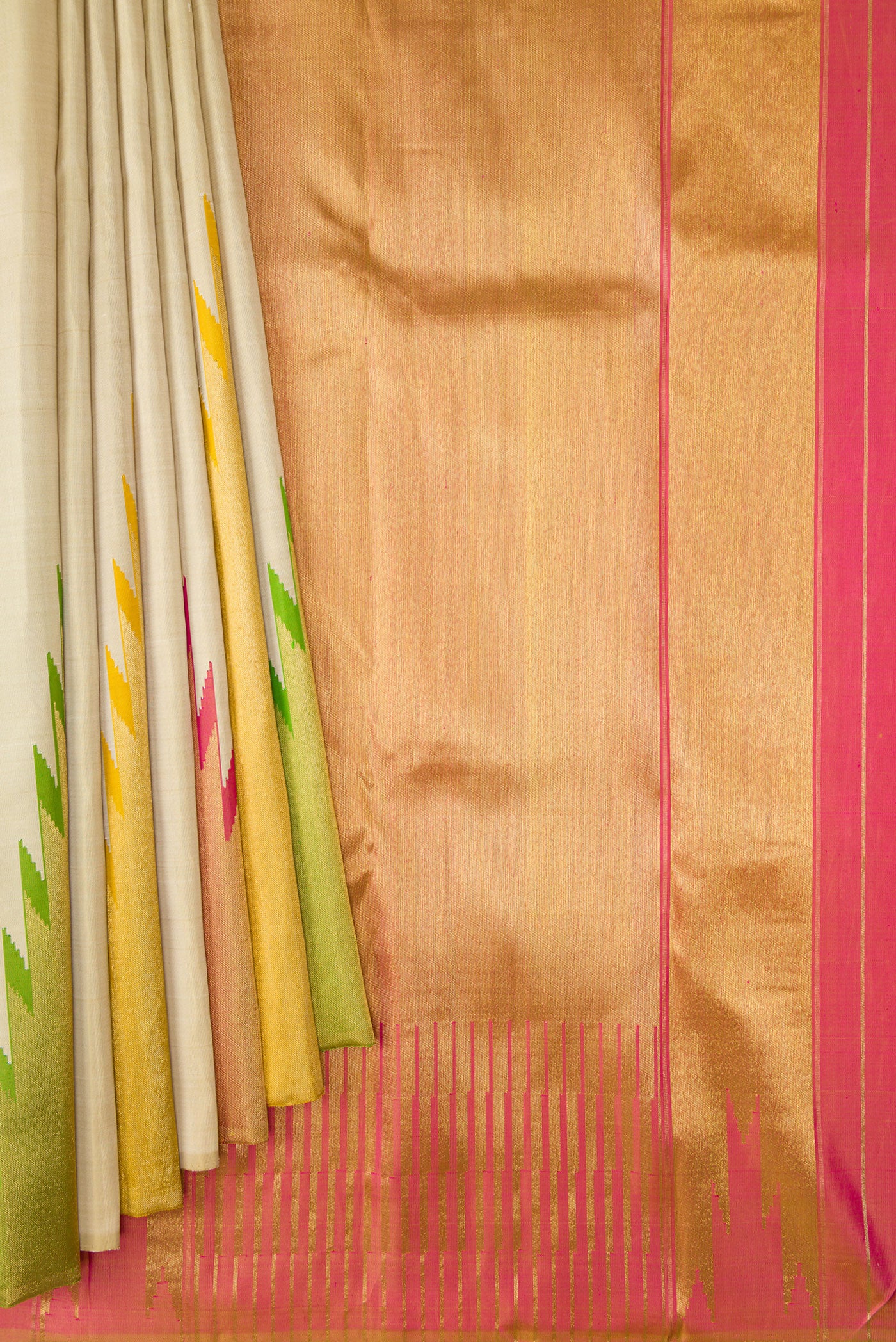 Pleats and pallu of Pure Silk Pure Zari Sandal Dual Tone Kanjivaram Saree with Plain Body and Temple Border. 