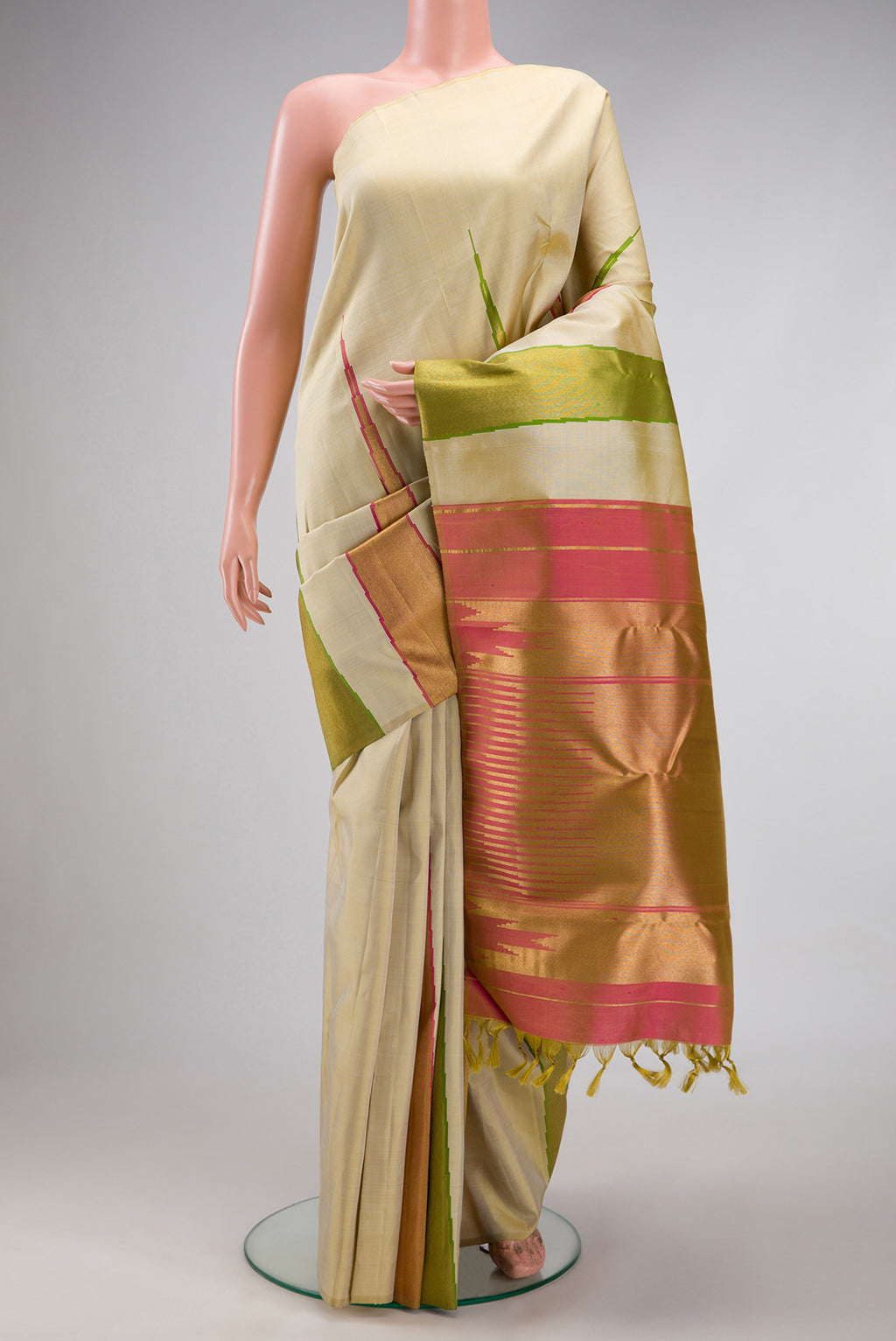 Pure Silk Pure Zari Sandal Dual Tone Kanjivaram Saree with Plain Body and Temple Border.  displayed on a mannequin