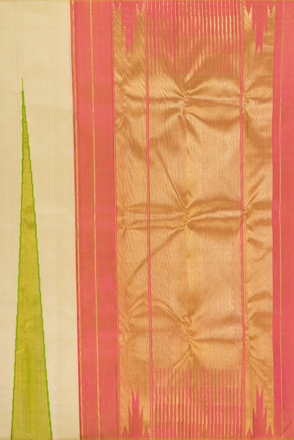 Close up image of the pallu of Pure Silk Pure Zari Sandal Dual Tone Kanjivaram Saree with Plain Body and Temple Border. 