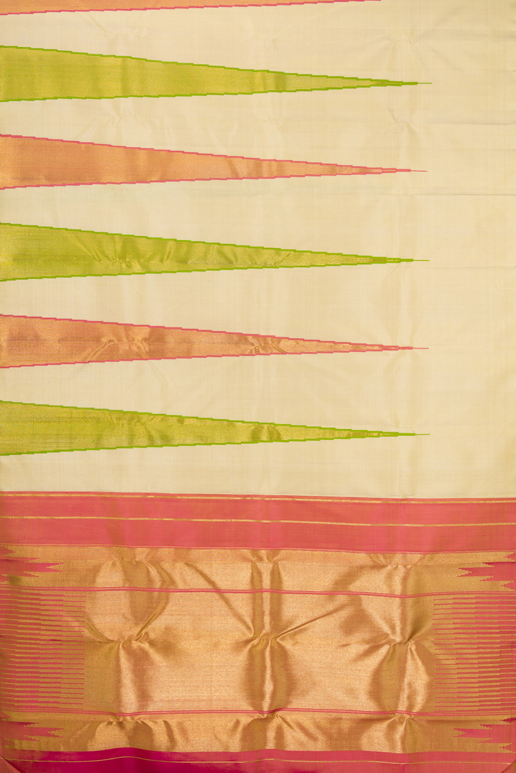 Flat view of Pure Silk Pure Zari Sandal Dual Tone Kanjivaram Saree with Plain Body and Temple Border. 