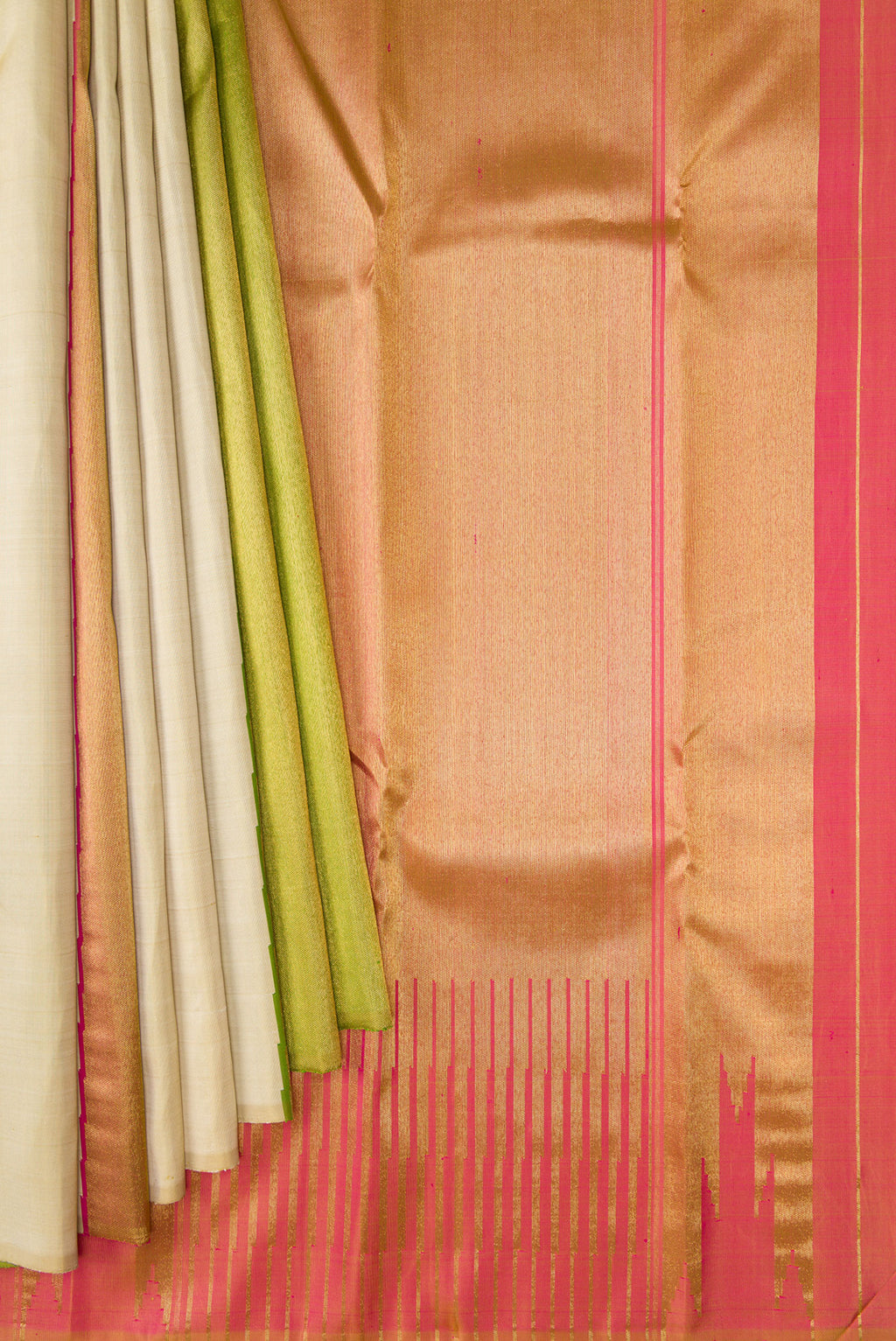 Pleats and pallu of Pure Silk Pure Zari Sandal Dual Tone Kanjivaram Saree with Plain Body and Temple Border. 