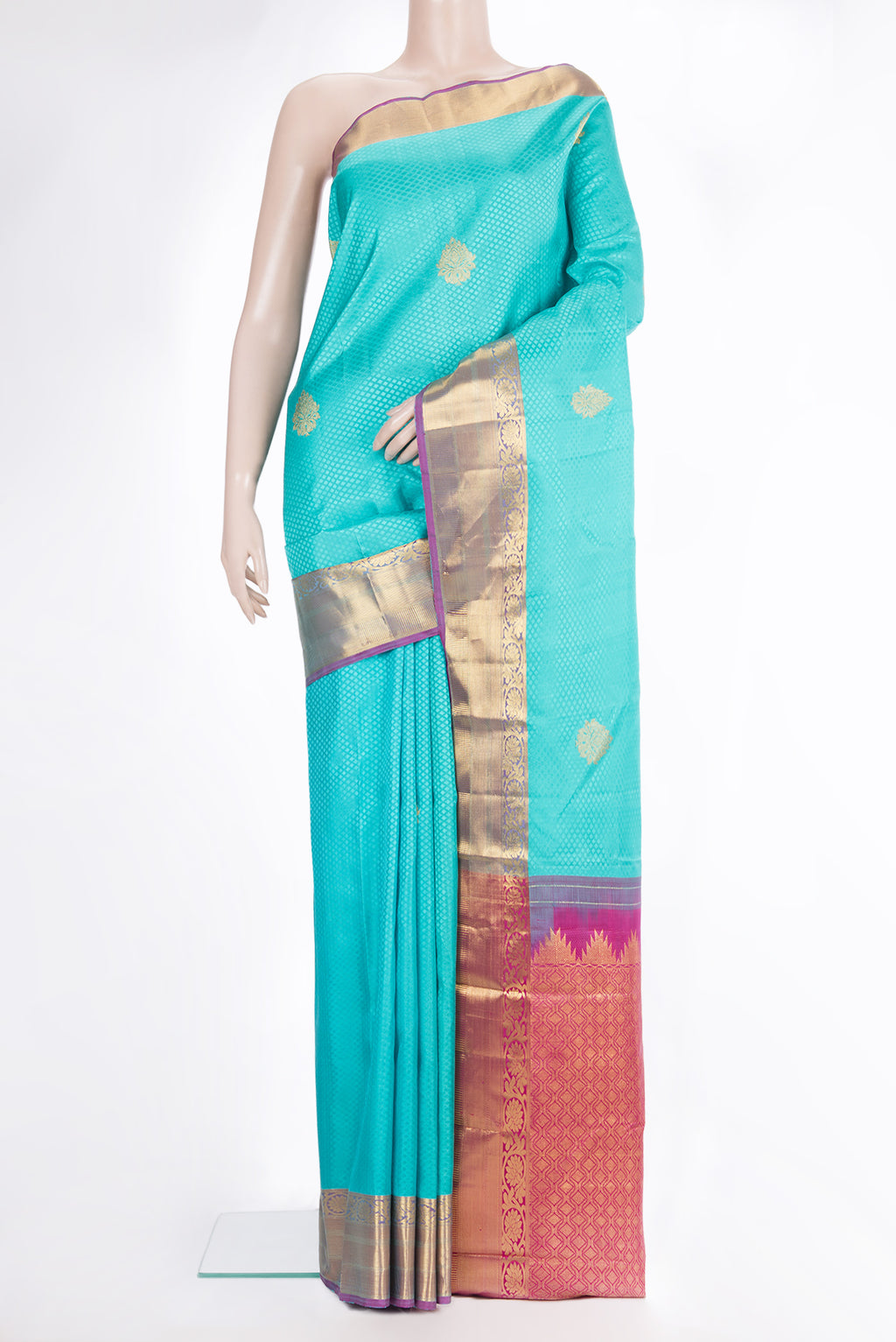 Pure Silk Sky Blue Kanchipuram Saree with Jacquard With Zari Butta on the body and Zari Border.  displayed on a mannequin