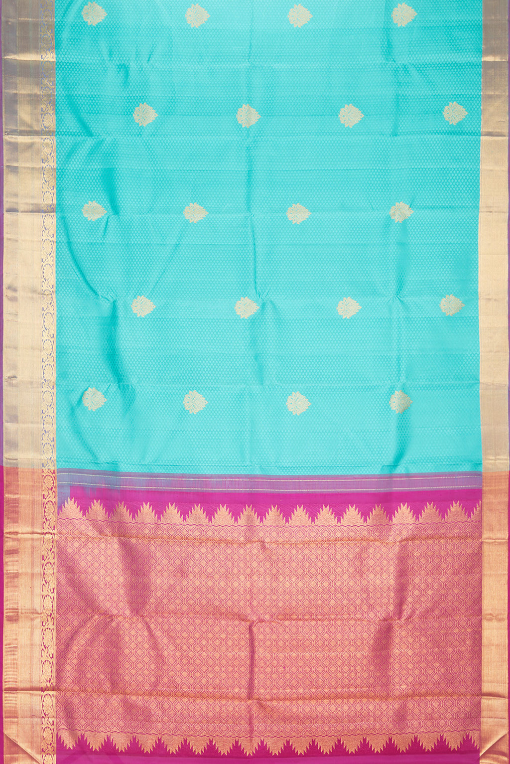 Flat view of Pure Silk Sky Blue Kanchipuram Saree with Jacquard With Zari Butta on the body and Zari Border. 