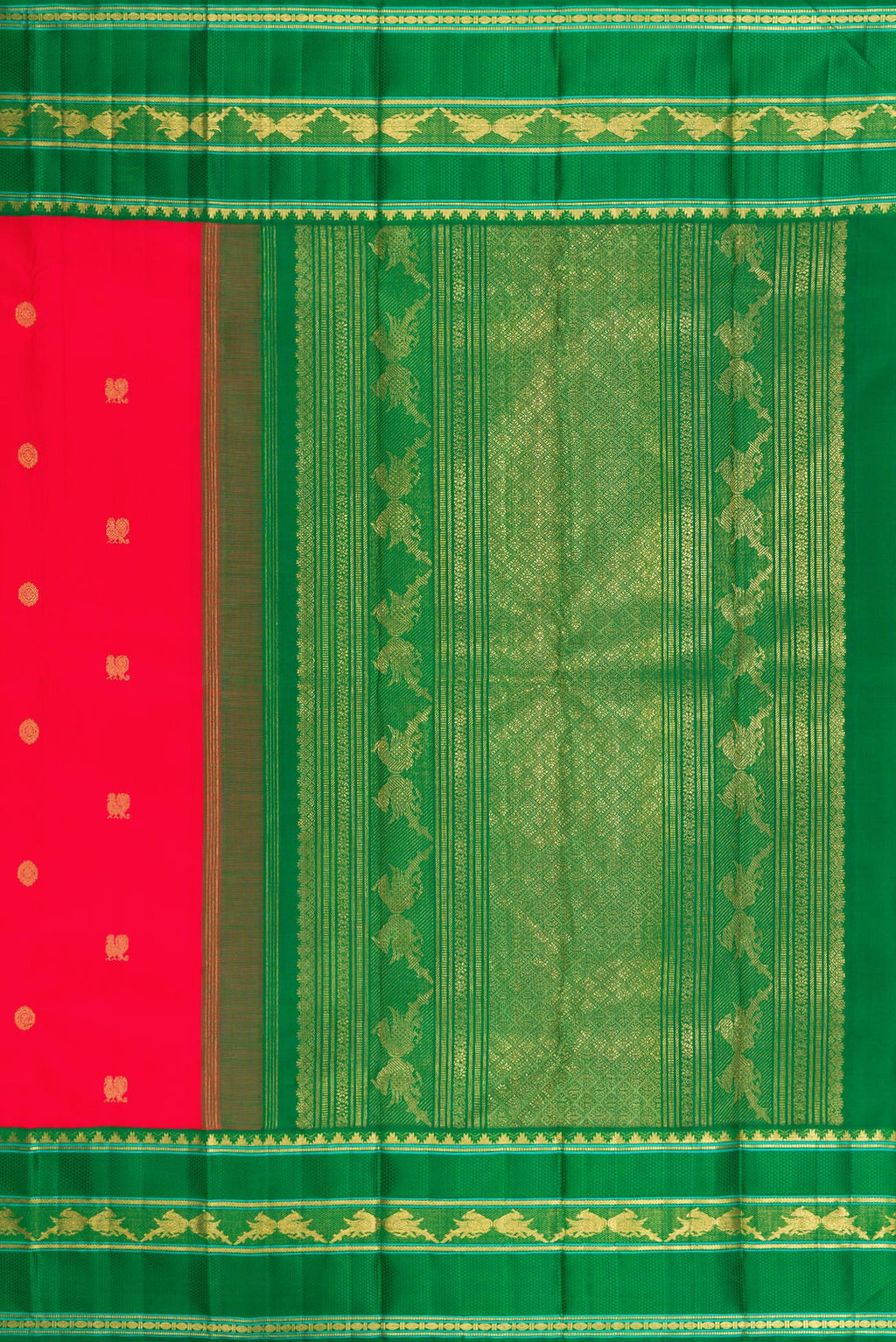 Close up image of the pallu of Pure Silk Pure Zari Red Kanjivaram Saree with Zari Butta on the body and Zari Border. 