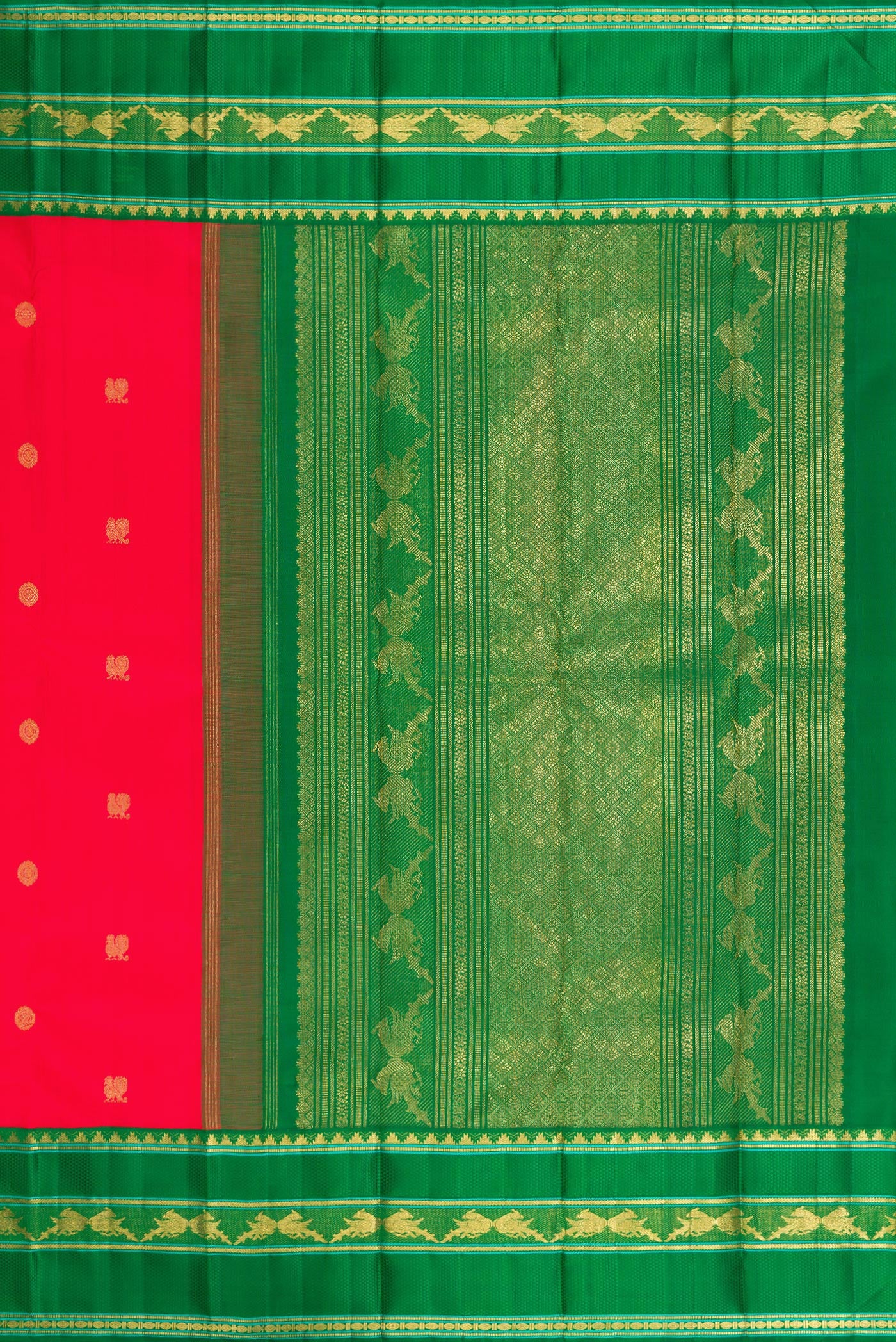 Close up image of the pallu of Pure Silk Pure Zari Red Kanjivaram Saree with Zari Butta on the body and Zari Border. 
