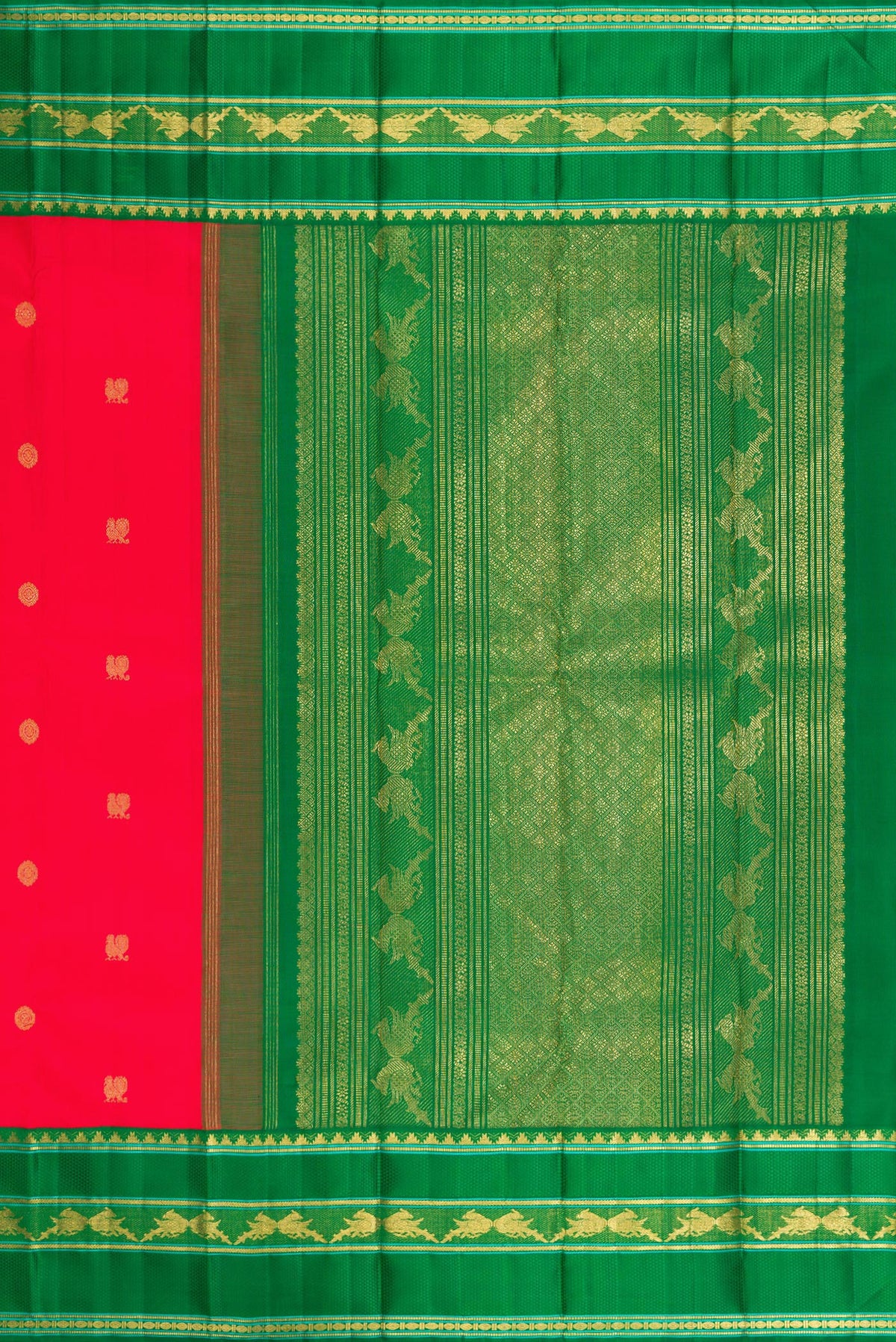 Close up image of the pallu of Pure Silk Pure Zari Red Kanjivaram Saree with Zari Butta on the body and Zari Border. 